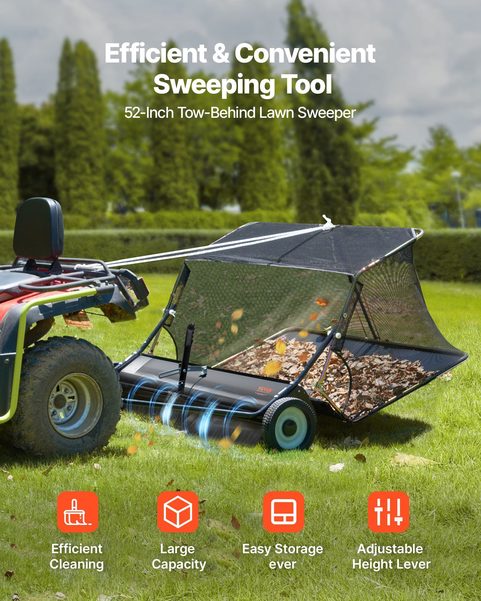 26.7 cm Tow Behind Lawn Sweeper, 26 cu.ft. Large Yard Sweeper, Adjustable Sweeping Height, Heavy Duty Leaf & Grass Collector with Dumping Rope, Pull Behind Sweepers for Debris Grass Clippings