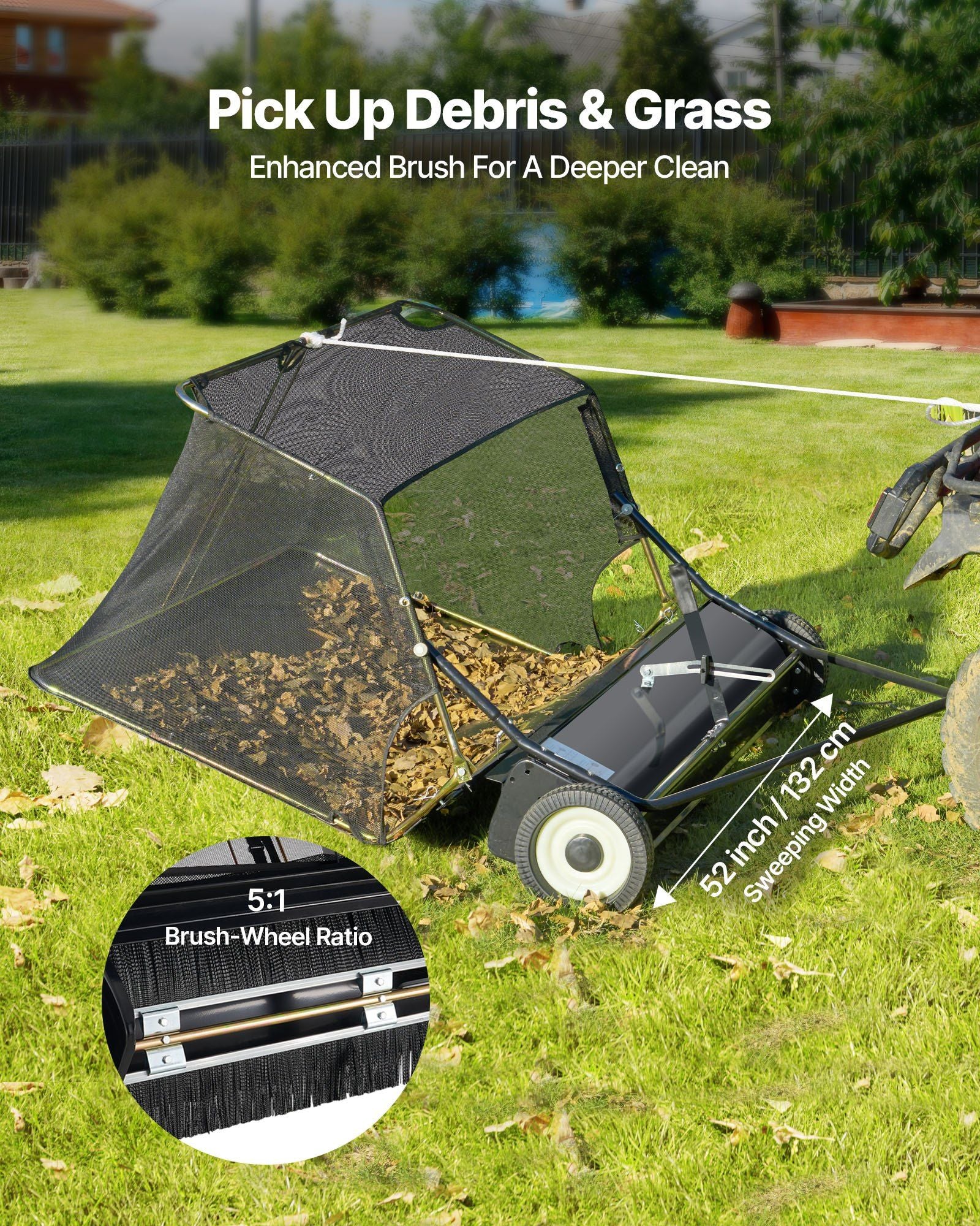26.7 cm Tow Behind Lawn Sweeper, 26 cu.ft. Large Yard Sweeper, Adjustable Sweeping Height, Heavy Duty Leaf & Grass Collector with Dumping Rope, Pull Behind Sweepers for Debris Grass Clippings