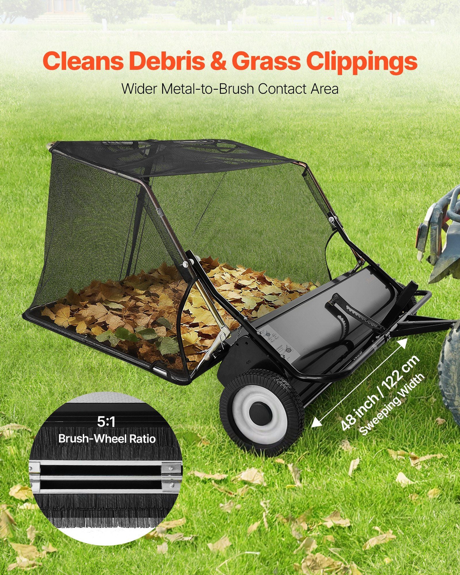 Tow Behind Lawn Sweeper, 122cm Pull Behind Yard Sweeper, 26 cu. ft Hopper Bag Capacity, Leaf & Grass Collector with Dumping Rope, Adjustable Sweeping Height, Garden Sweepers for Lawn Farm
