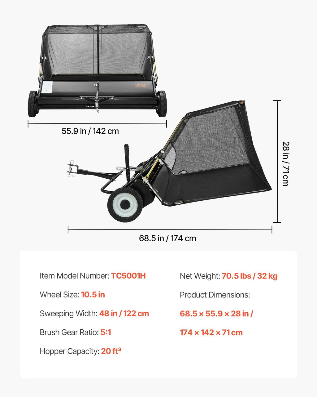 Tow Behind Lawn Sweeper, 122cm Pull Behind Yard Sweeper, 26 cu. ft Hopper Bag Capacity, Leaf & Grass Collector with Dumping Rope, Adjustable Sweeping Height, Garden Sweepers for Lawn Farm