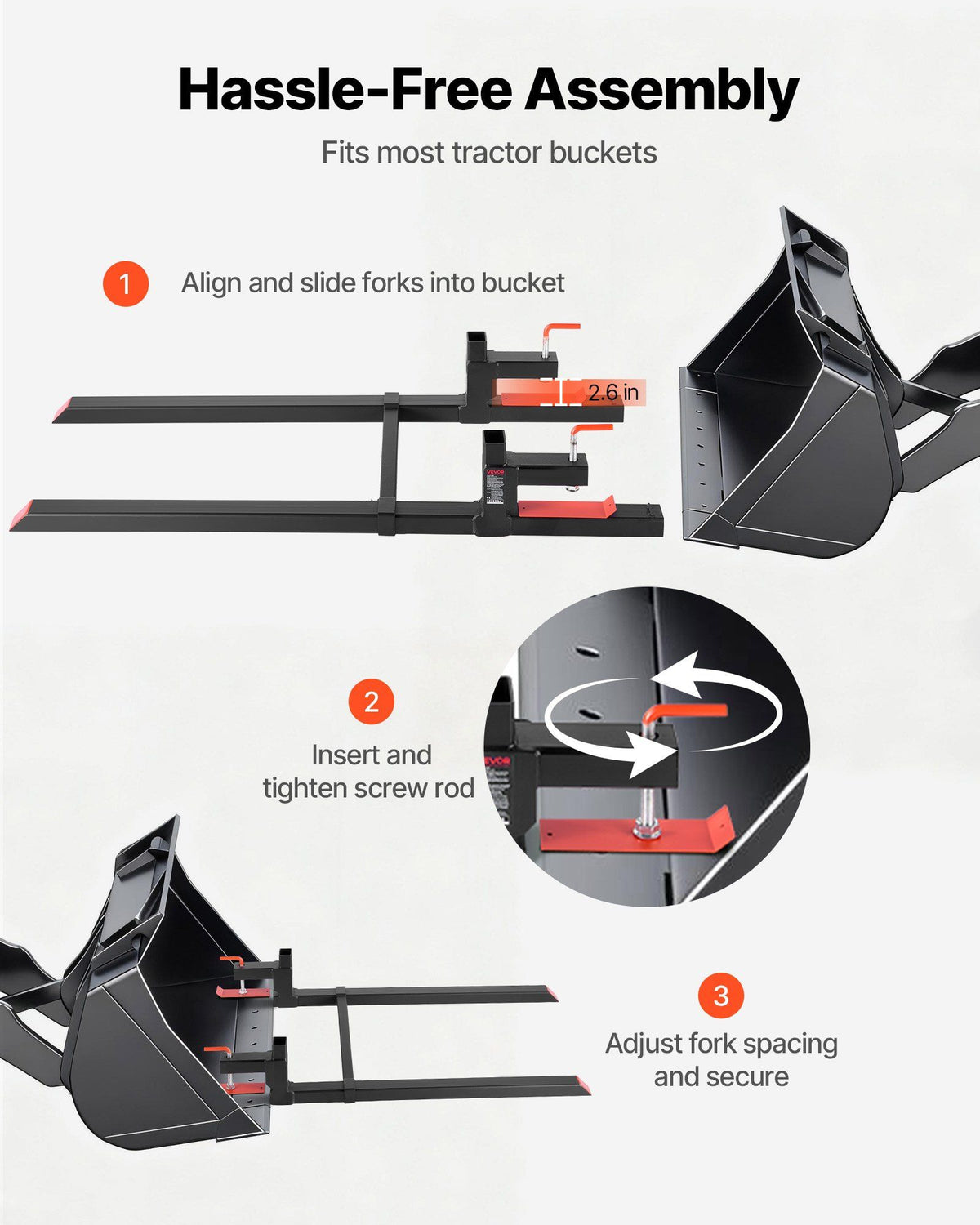 Pallet Forks, 907 kg Clamp on Pallet Forks, 149 cm Total Length Heavy-Duty Tractor Fork with Adjustable Stabilizer Bar for Tractor Attachments, Loader Bucket, and Skid Steer, Black