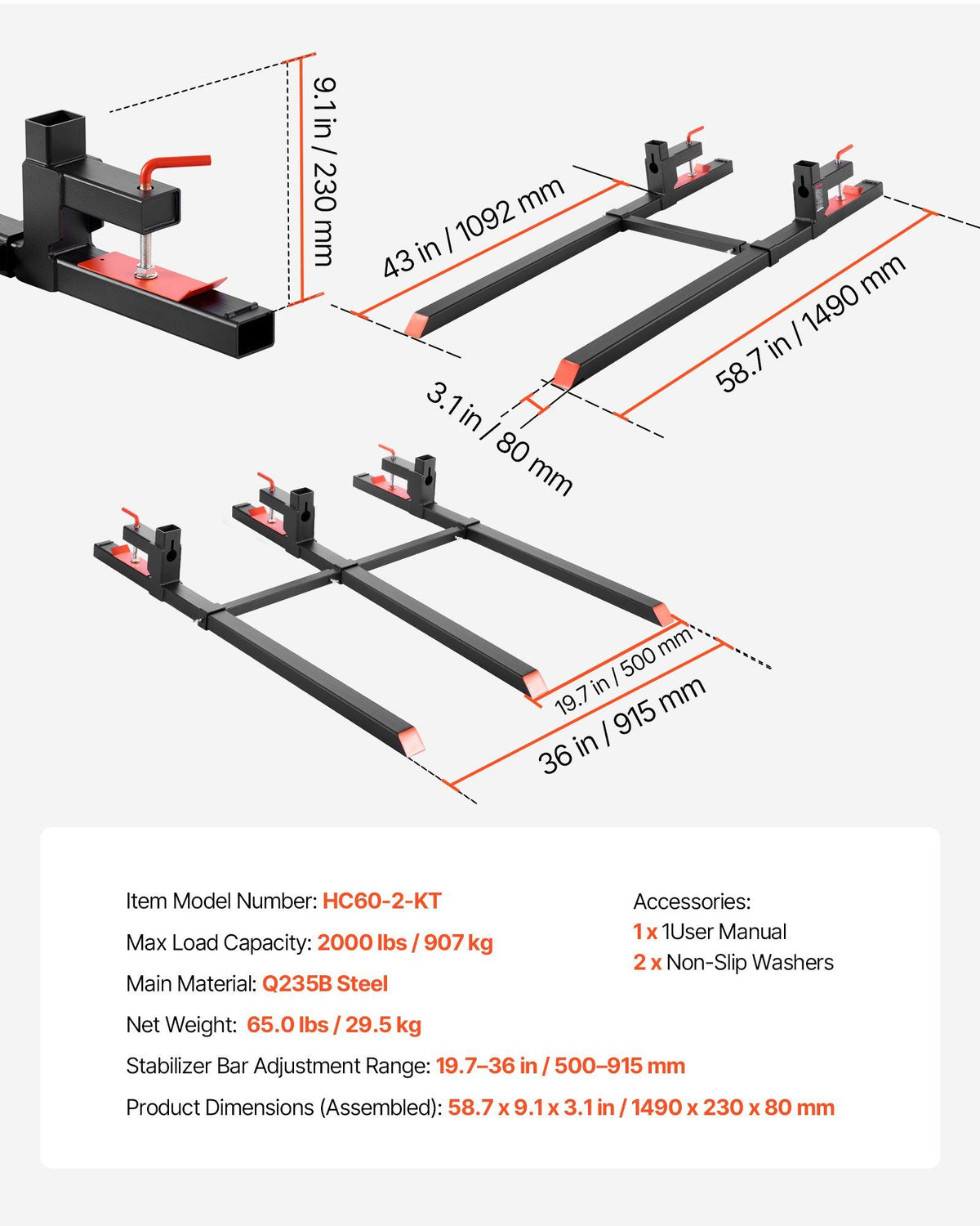 Pallet Forks, 907 kg Clamp on Pallet Forks, 149 cm Total Length Heavy-Duty Tractor Fork with Adjustable Stabilizer Bar for Tractor Attachments, Loader Bucket, and Skid Steer, Black