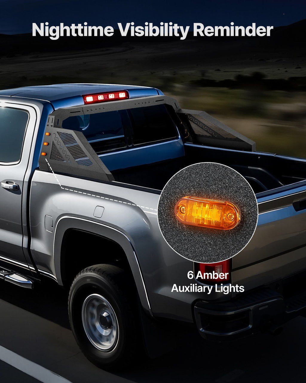 Truck Bed Roll Bar, Universal Pickup Sport Adjustable Bar Chase Rack Compatible with Full-Size Truck, Carbon Steel Construction with 6 Amber Auxiliary Lights, No Rack Included