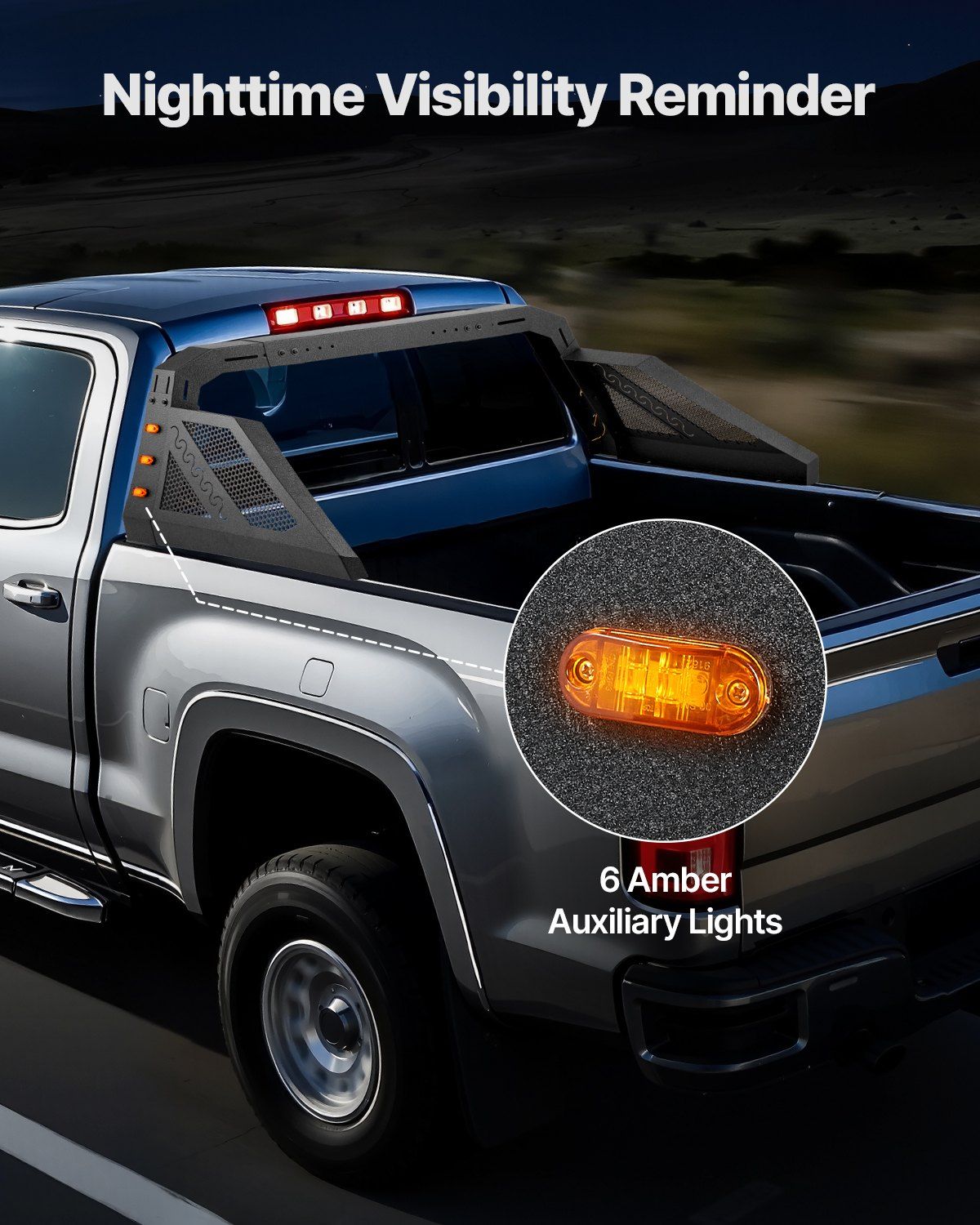 Truck Bed Roll Bar, Universal Pickup Sport Adjustable Bar Chase Rack Compatible with Full-Size Truck, Carbon Steel Construction with 6 Amber Auxiliary Lights, No Rack Included