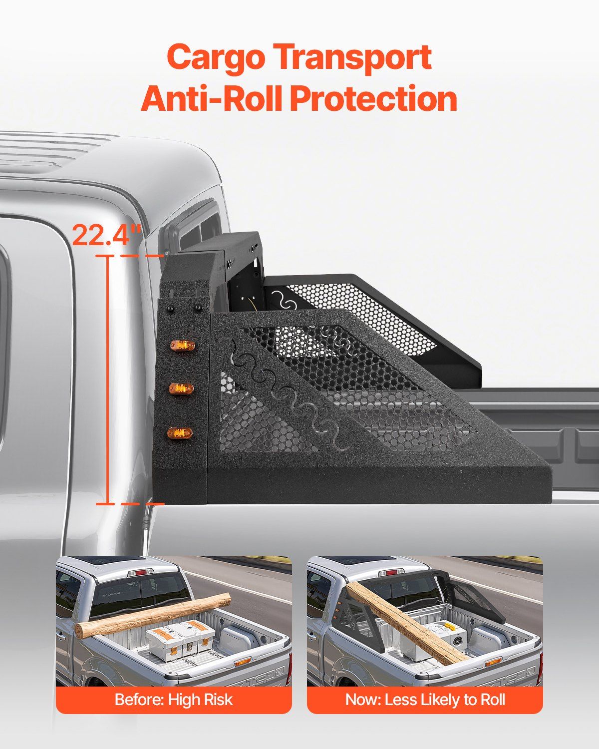 Truck Bed Roll Bar, Universal Pickup Sport Adjustable Bar Chase Rack Compatible with Full-Size Truck, Carbon Steel Construction with 6 Amber Auxiliary Lights, No Rack Included