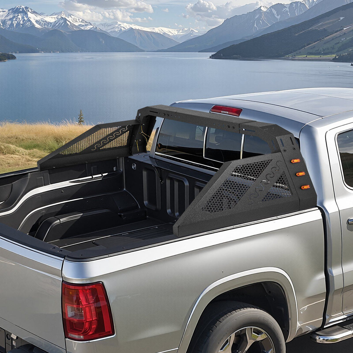Truck Bed Roll Bar, Universal Pickup Sport Adjustable Bar Chase Rack Compatible with Full-Size Truck, Carbon Steel Construction with 6 Amber Auxiliary Lights, No Rack Included