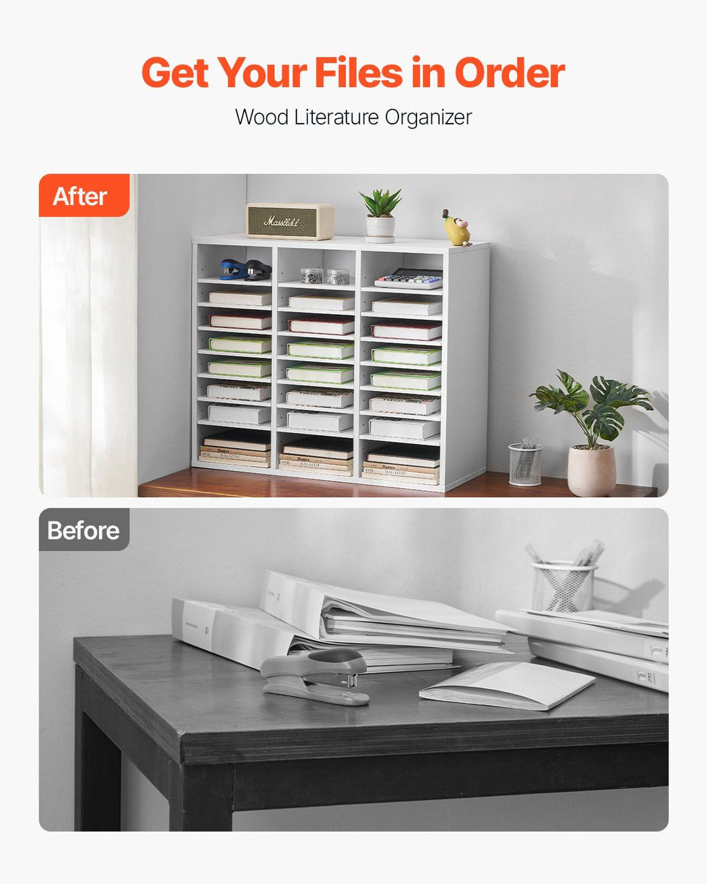 Literature Organizer, 24 Compartments Office Mailbox with Adjustable Shelves, Wooden Mailbox Sorter Medium Density Fiberboard Office Home Classroom Storage for Files, Documents, Papers, White