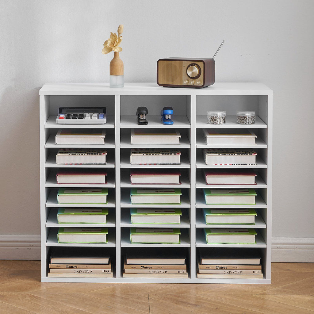 Literature Organizer, 24 Compartments Office Mailbox with Adjustable Shelves, Wooden Mailbox Sorter Medium Density Fiberboard Office Home Classroom Storage for Files, Documents, Papers, White