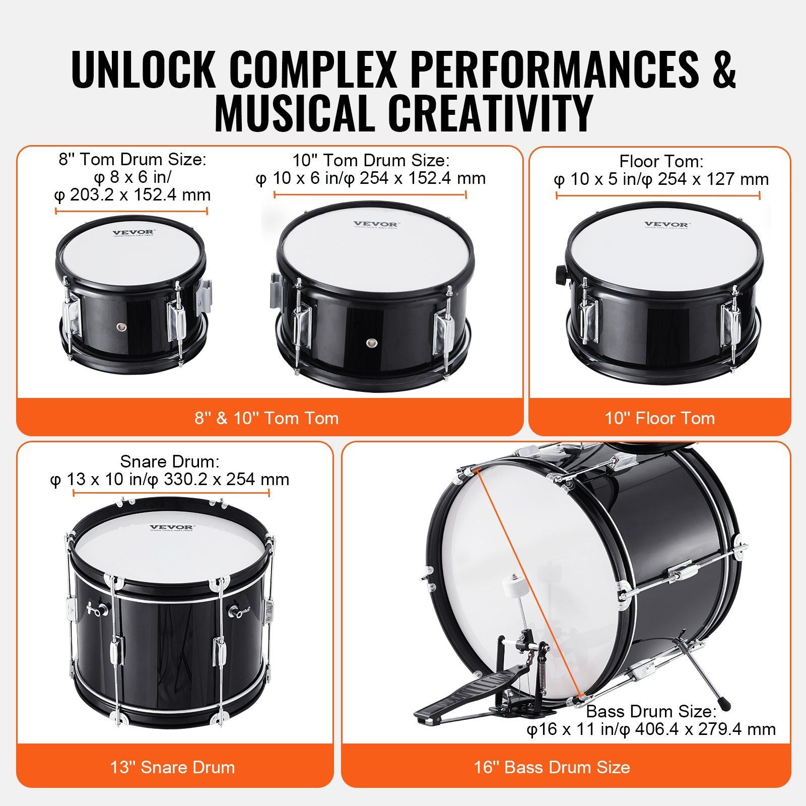 Kids Drum Set, 5-Piece, 406.4 mm Beginner Full Drum Set with Bass Toms Snare Floor Drum Adjustable Throne Cymbal Hi-Hat Pedal and Two Pairs of Drumsticks, Starter Drum Kit for Child Kids, Black