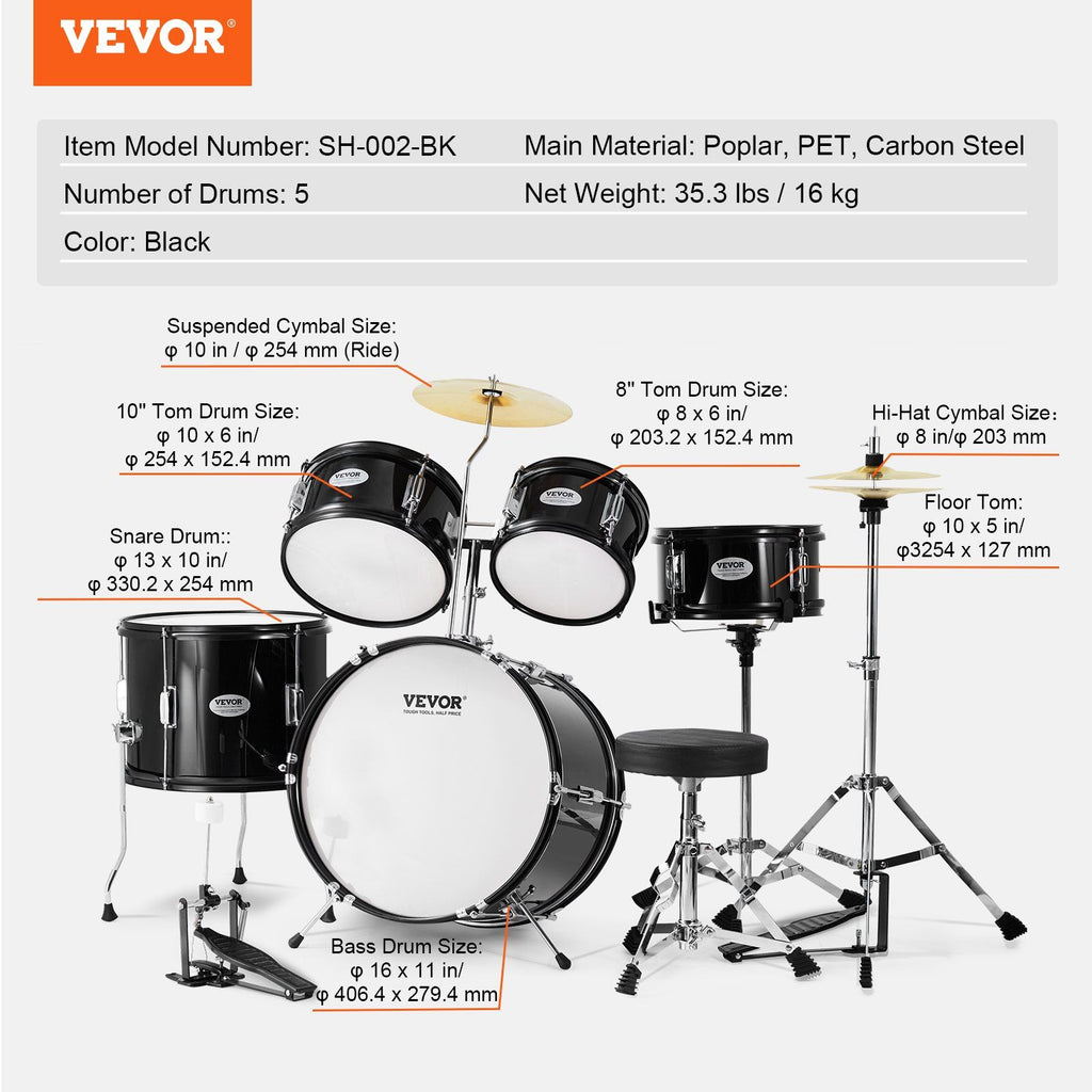 Kids Drum Set, 5-Piece, 406.4 mm Beginner Full Drum Set with Bass Toms Snare Floor Drum Adjustable Throne Cymbal Hi-Hat Pedal and Two Pairs of Drumsticks, Starter Drum Kit for Child Kids, Black