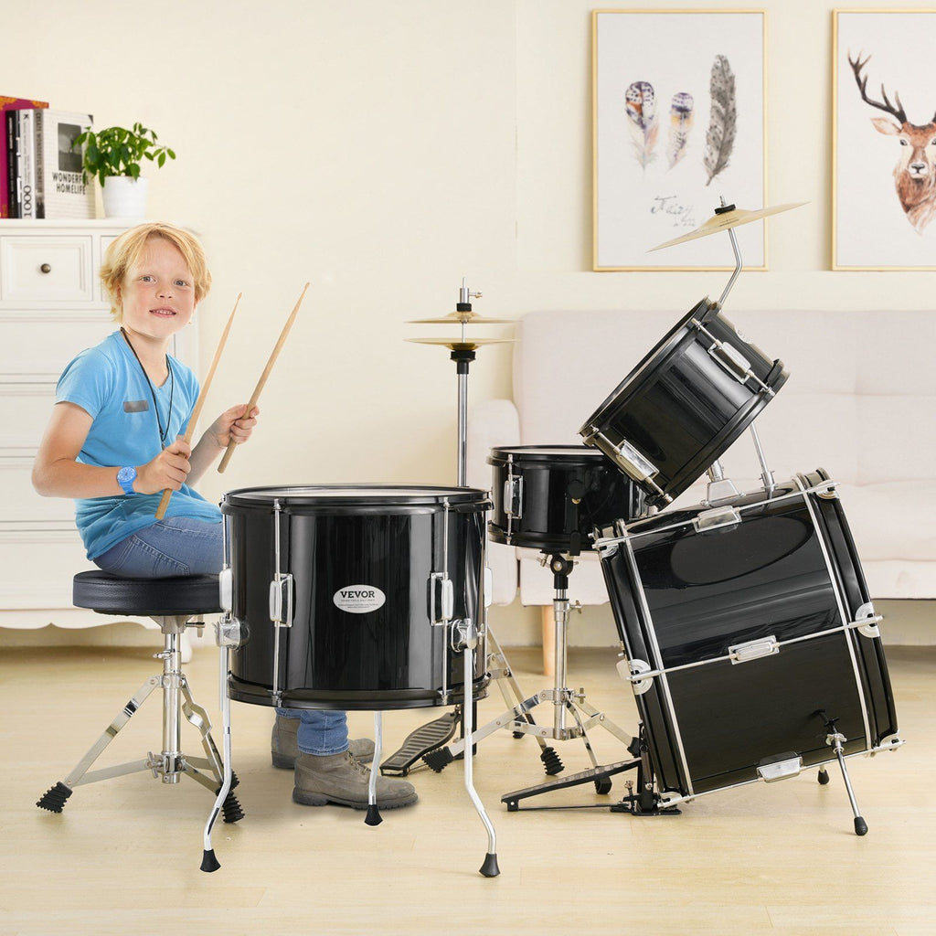 Kids Drum Set, 5-Piece, 406.4 mm Beginner Full Drum Set with Bass Toms Snare Floor Drum Adjustable Throne Cymbal Hi-Hat Pedal and Two Pairs of Drumsticks, Starter Drum Kit for Child Kids, Black