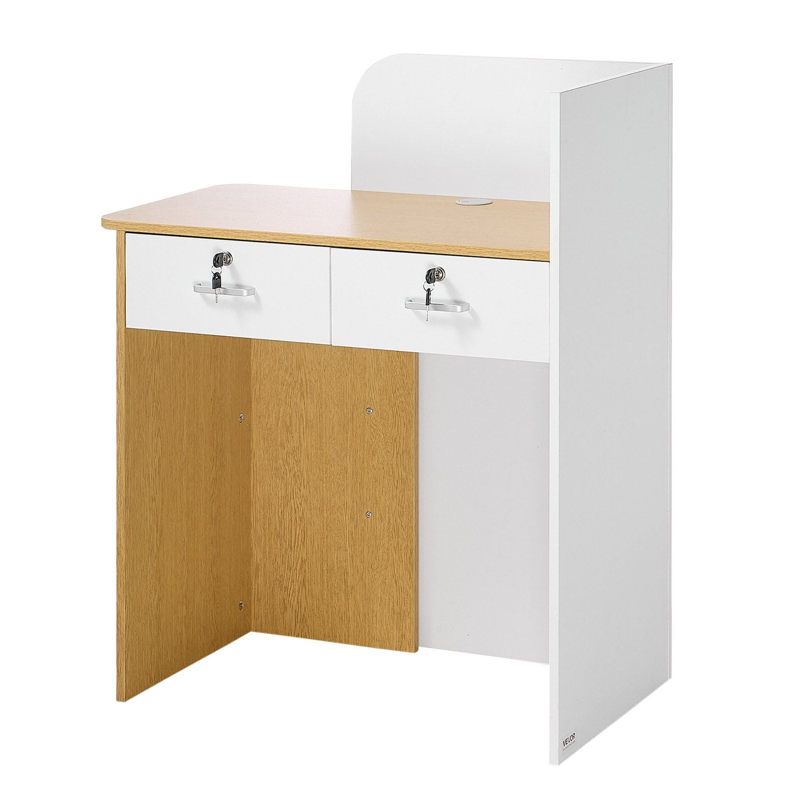 Reception Desk, 80 cm Rectangular Front Counter Table, Modern Office Reception Desk with LED Light, 2 Drawers & Power Outlets, Retail Counter Table for Checkout, Lobby, Beauty Salon, Office