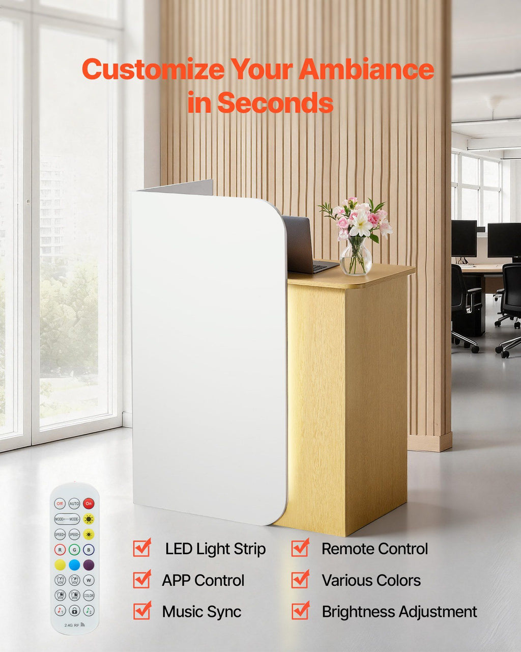 Reception Desk, 80 cm Rectangular Front Counter Table, Modern Office Reception Desk with LED Light, 2 Drawers & Power Outlets, Retail Counter Table for Checkout, Lobby, Beauty Salon, Office