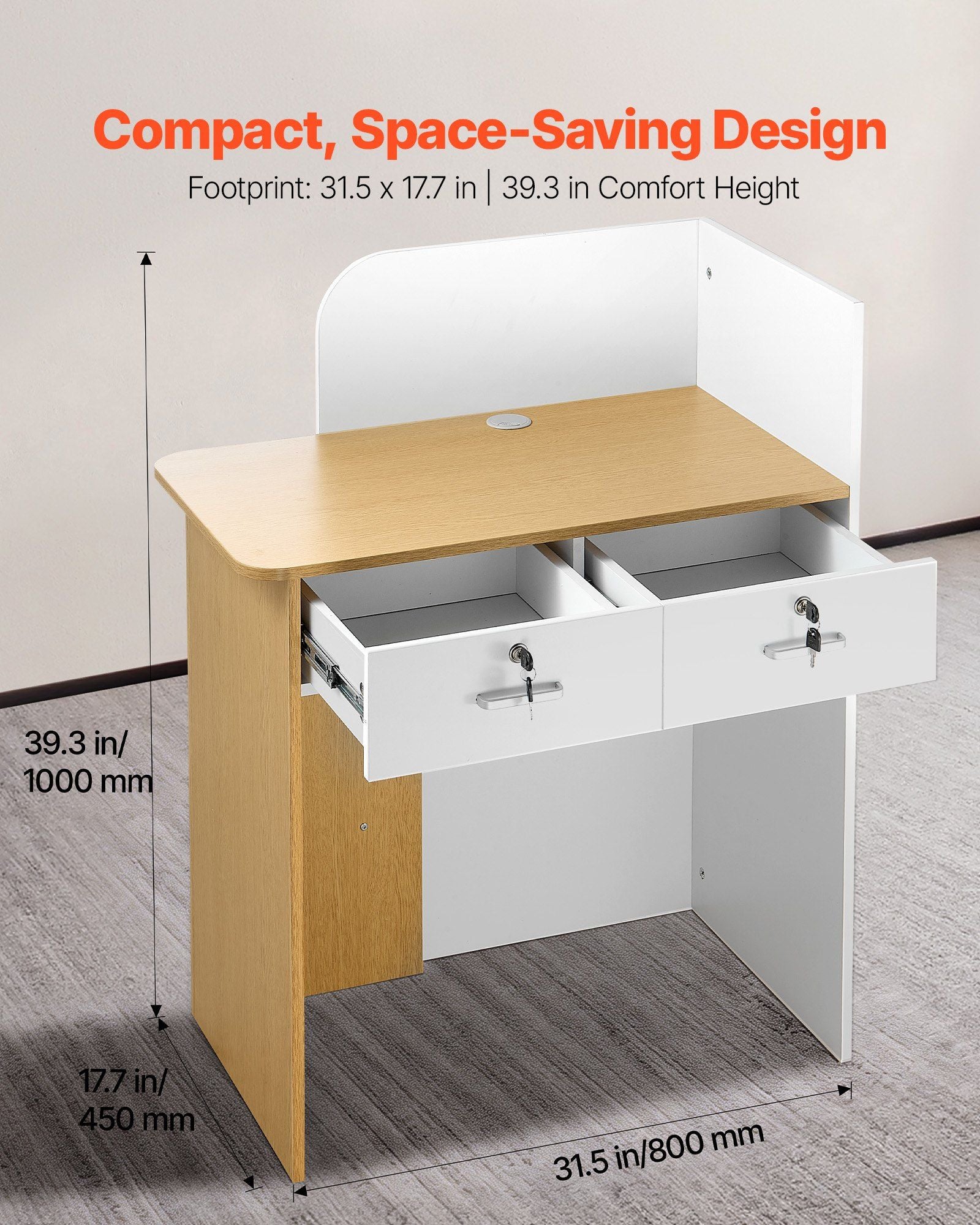 Reception Desk, 80 cm Rectangular Front Counter Table, Modern Office Reception Desk with LED Light, 2 Drawers & Power Outlets, Retail Counter Table for Checkout, Lobby, Beauty Salon, Office