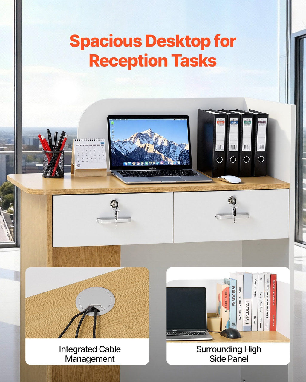 Reception Desk, 80 cm Rectangular Front Counter Table, Modern Office Reception Desk with LED Light, 2 Drawers & Power Outlets, Retail Counter Table for Checkout, Lobby, Beauty Salon, Office