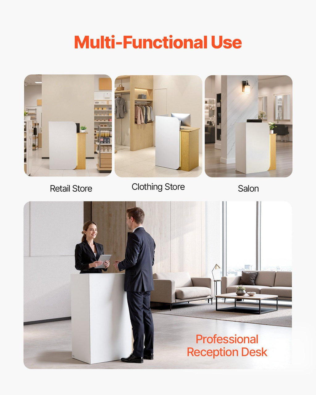Reception Desk, 80 cm Rectangular Front Counter Table, Modern Office Reception Desk with LED Light, 2 Drawers & Power Outlets, Retail Counter Table for Checkout, Lobby, Beauty Salon, Office