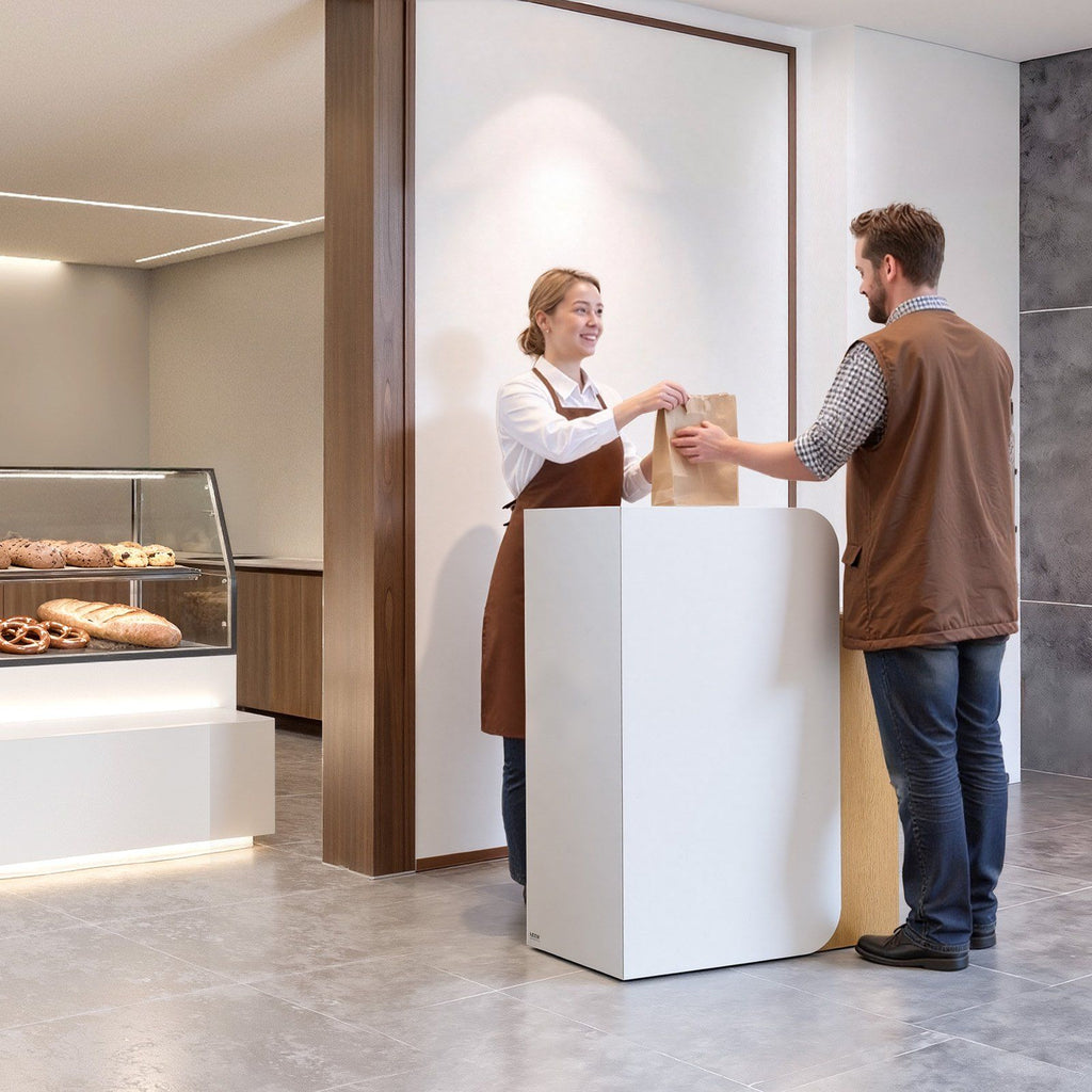 Reception Desk, 80 cm Rectangular Front Counter Table, Modern Office Reception Desk with LED Light, 2 Drawers & Power Outlets, Retail Counter Table for Checkout, Lobby, Beauty Salon, Office
