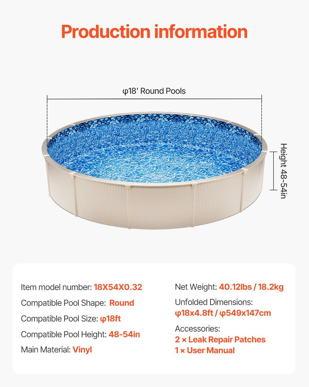 18-ft Round Above Ground Pool Liner, Overlap Pool Liners, Standard Gauge Vinyl, 48-to-54inch Wall Height, Designed for Steel Sided Above-Ground Swimming Pools