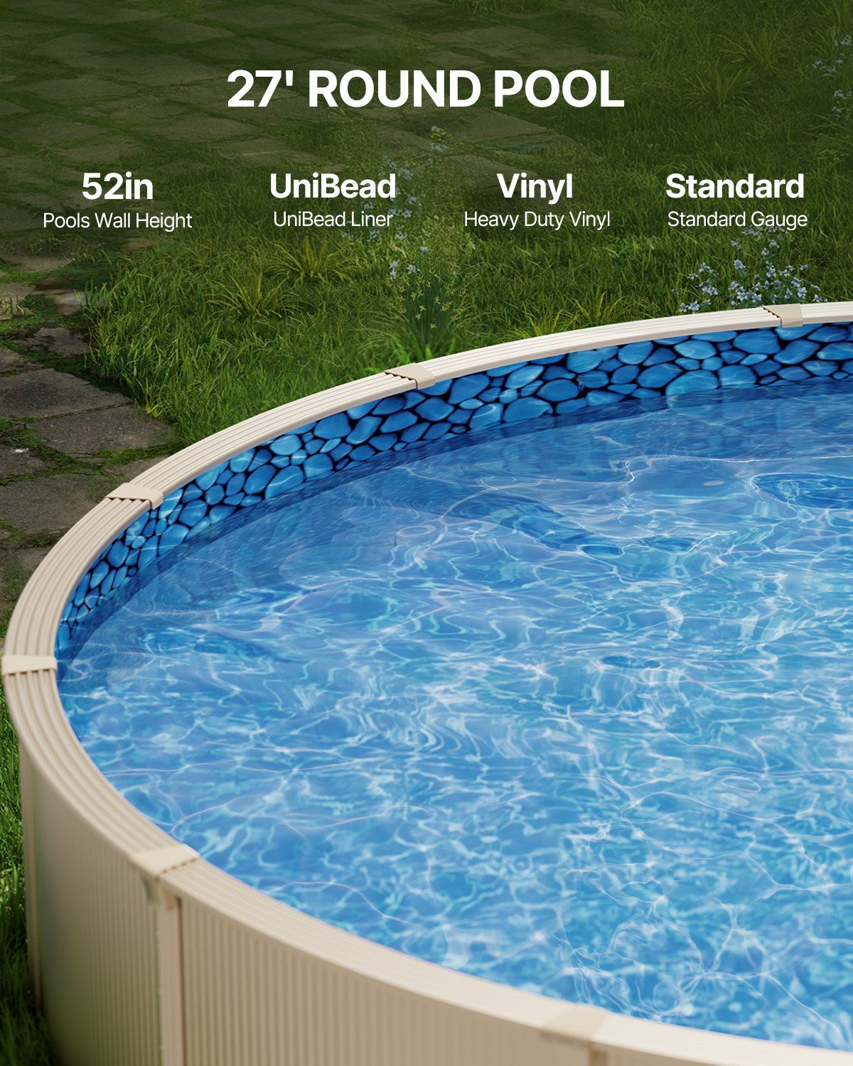 27-ft Round Above Ground Pool Liner, Unibead Pool Liners, Standard Gauge, 52inch Wall Height, Designed for Steel Sided Above-Ground Swimming Pools