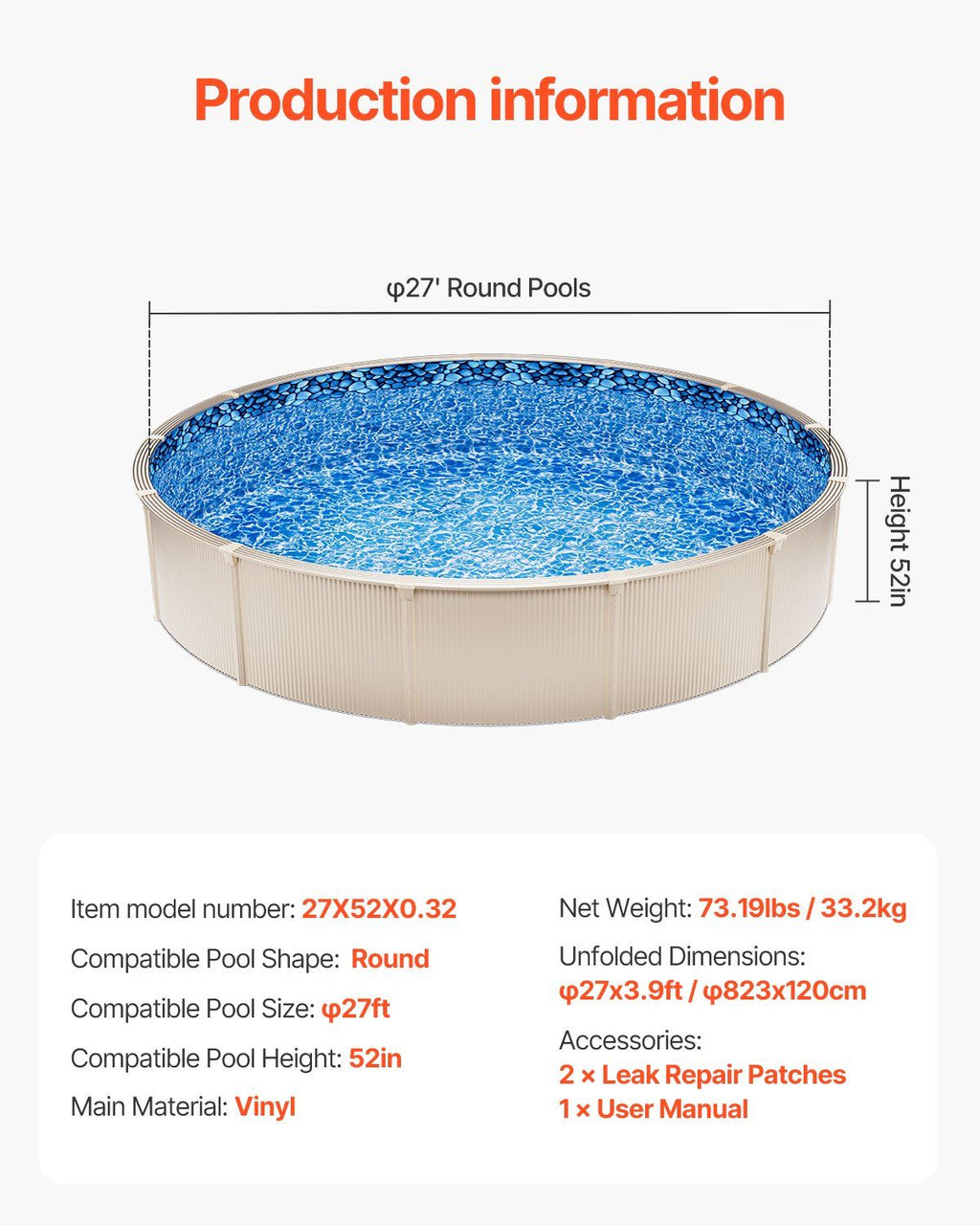 27-ft Round Above Ground Pool Liner, Unibead Pool Liners, Standard Gauge, 52inch Wall Height, Designed for Steel Sided Above-Ground Swimming Pools