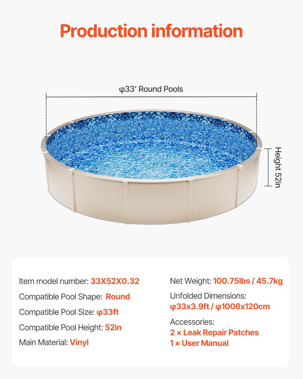 Pool Liner, 33ft Round Pool Liner, Uinbead Style, Durable Vinyl Pool Liner, Standard Gauge, 52in Wall Height, Pool Liner Replacement for Steel Sided Above-Ground Swimming Pools