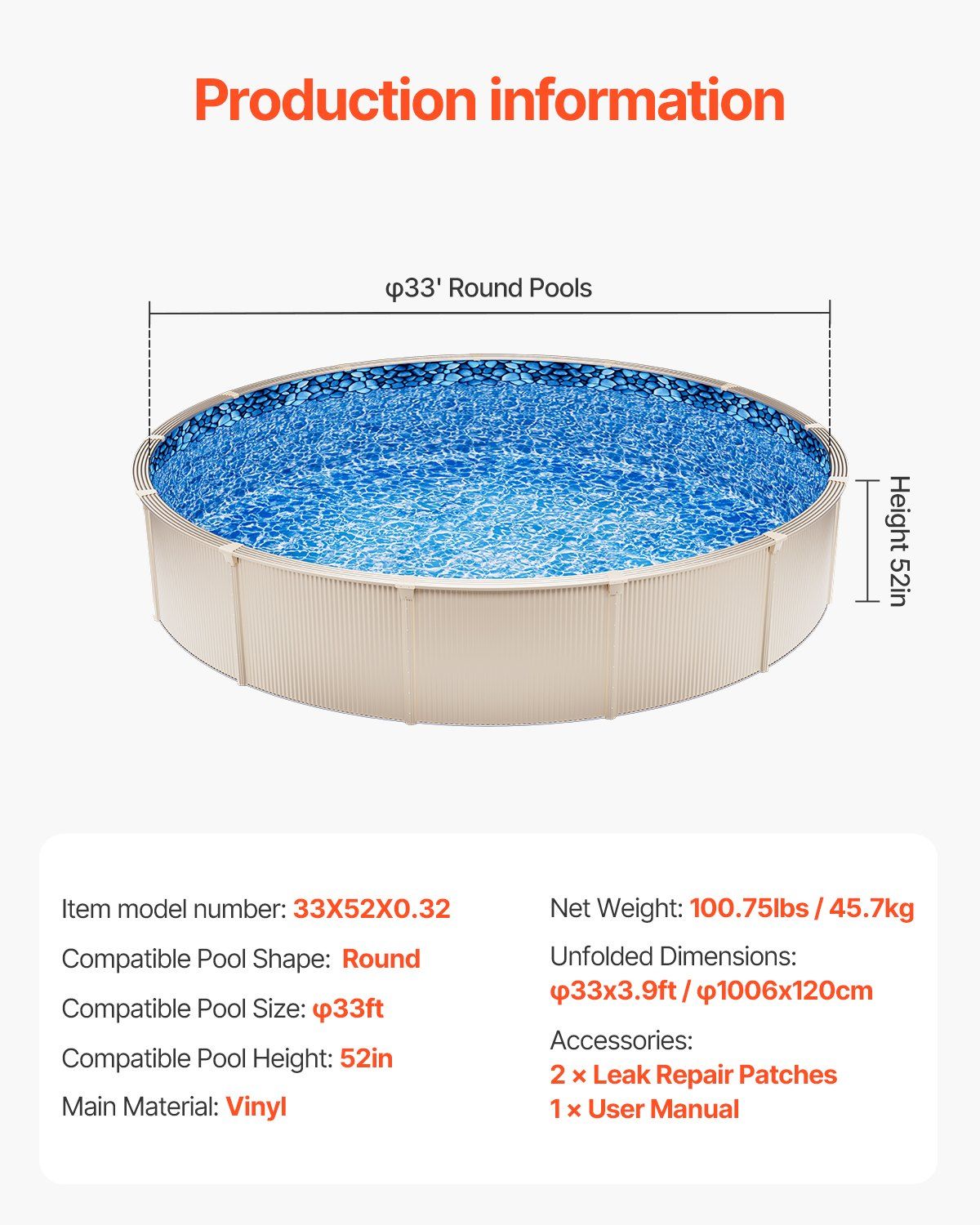 Pool Liner, 33ft Round Pool Liner, Uinbead Style, Durable Vinyl Pool Liner, Standard Gauge, 52in Wall Height, Pool Liner Replacement for Steel Sided Above-Ground Swimming Pools