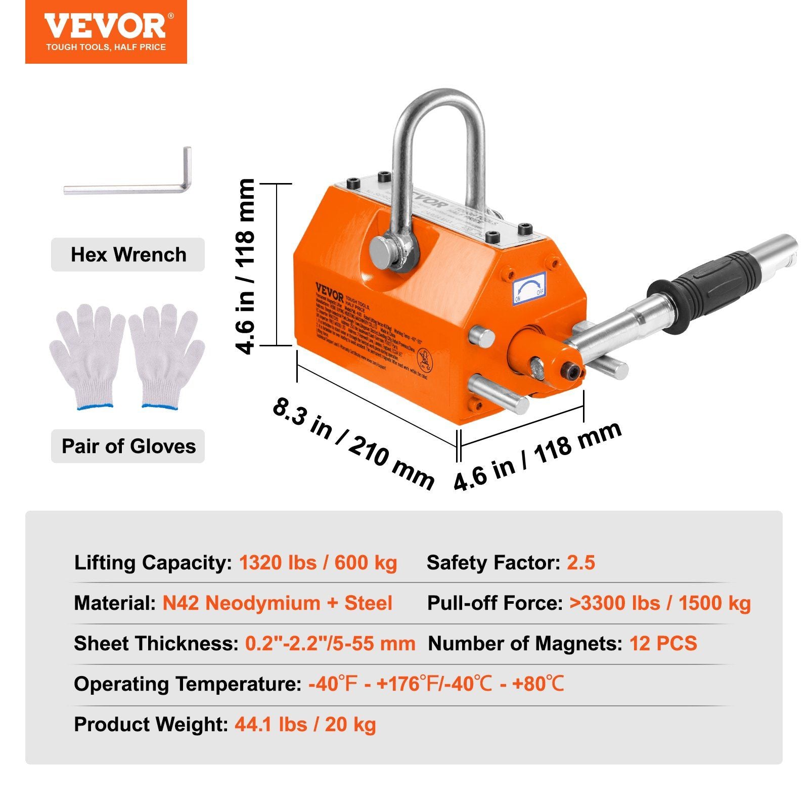 Magnetic Lifter, 600 kg Pulling Capacity, 2.5 Safety Factor, Neodymium & Steel, Lifting Magnet with Release, Permanent Lift Magnets, Heavy Duty Magnet for Hoist, Shop Crane, Block, Board