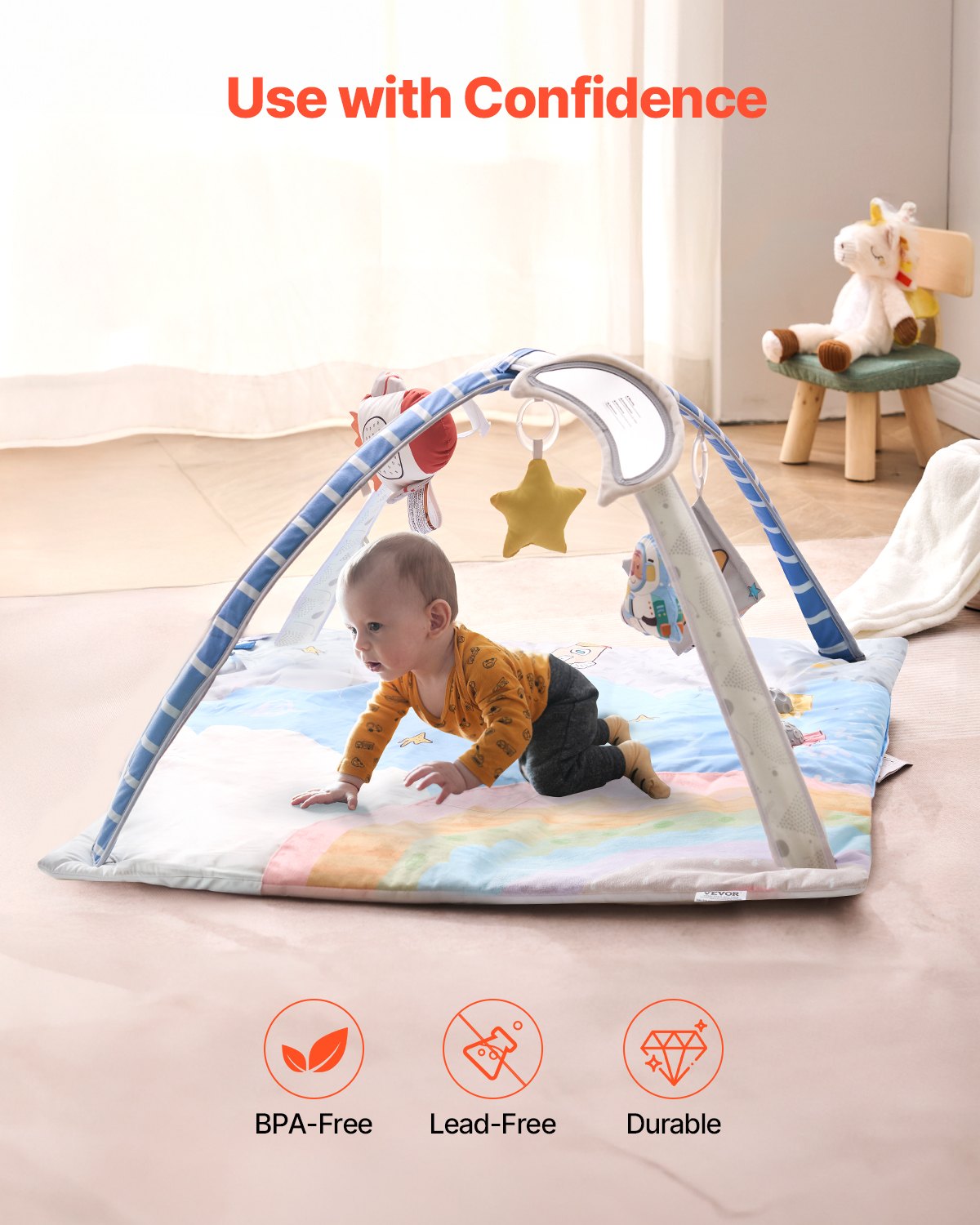 VEVOR Baby Play Gym Mat, Tummy Time Mat with 6 Sensory Toys, Baby Activity Mat with Light-up Musical Rocket Toy for 0-18 Month Newborn Infant, Baby Essential Gift for Sensory & Motor Skill Development