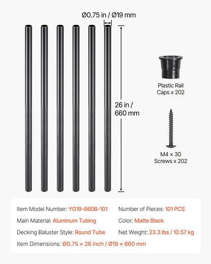 VEVOR Staircase Balusters 101 Pack, 660 mm Aluminum Stair Balusters, 19 mm Water-Proof Round Metal Spindle Railing, Hollow Deck Railing with Rail Caps & Screws for Stairs, Porch, Patio, Matte Black