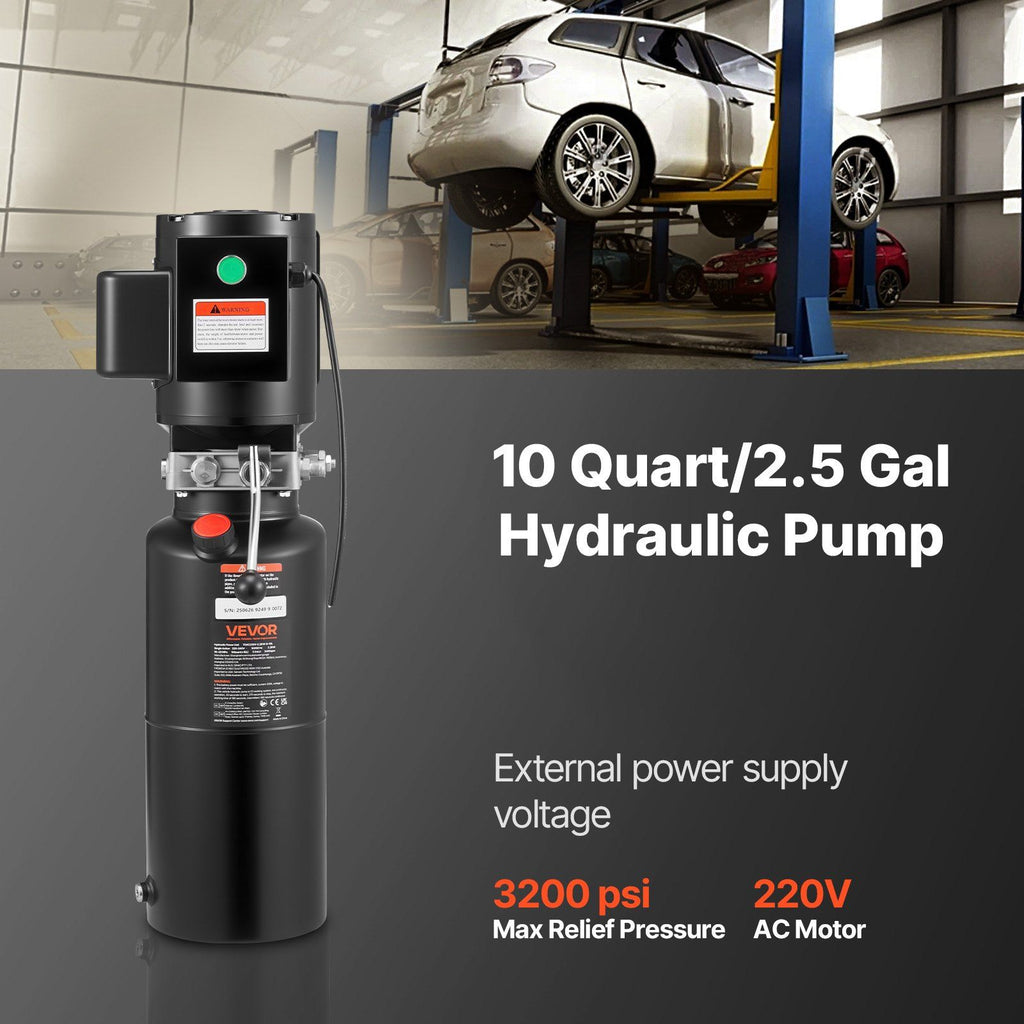 Hydraulic Pump Power Unit, AC 220V, 10 Quart Single Acting Hydraulic Unit, 6.3 L/min Oil Flow, Max Discharge Pressure 22 MPa for Dump Truck, Auto Repair Garage, Car Lifting Platforms, Black
