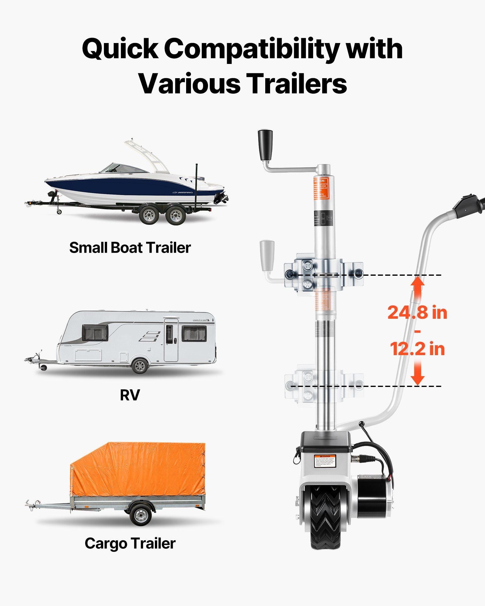 Electric Trailer Dolly, 2.5 T Towing Capacity, 380W 12V Motorized Jockey Wheel with 7 m/min Moving Speed, 31-63 cm Adjustable Clamp Height & 20.3 cm Rubber Tire, For Moving Caravan Boat