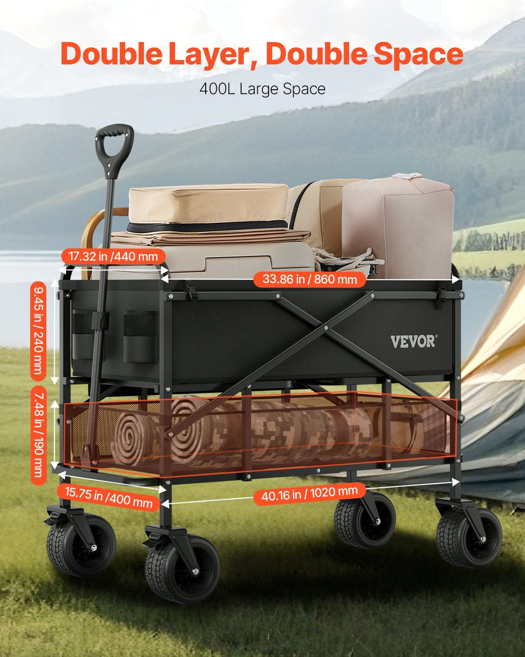 Double Decker Wagon Collapsible, 400L Heavy Duty Folding Wagon Cart, Extended Long Garden Cart with All-Terrain Wheels, Support Up to 450lbs, Outdoor Utility Wagon for Camping, Sports, Shopping