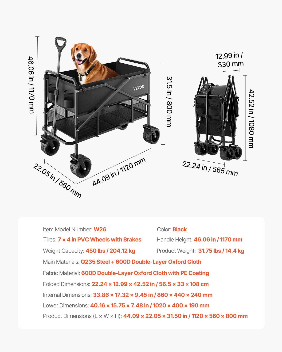 Double Decker Wagon Collapsible, 400L Heavy Duty Folding Wagon Cart, Extended Long Garden Cart with All-Terrain Wheels, Support Up to 450lbs, Outdoor Utility Wagon for Camping, Sports, Shopping