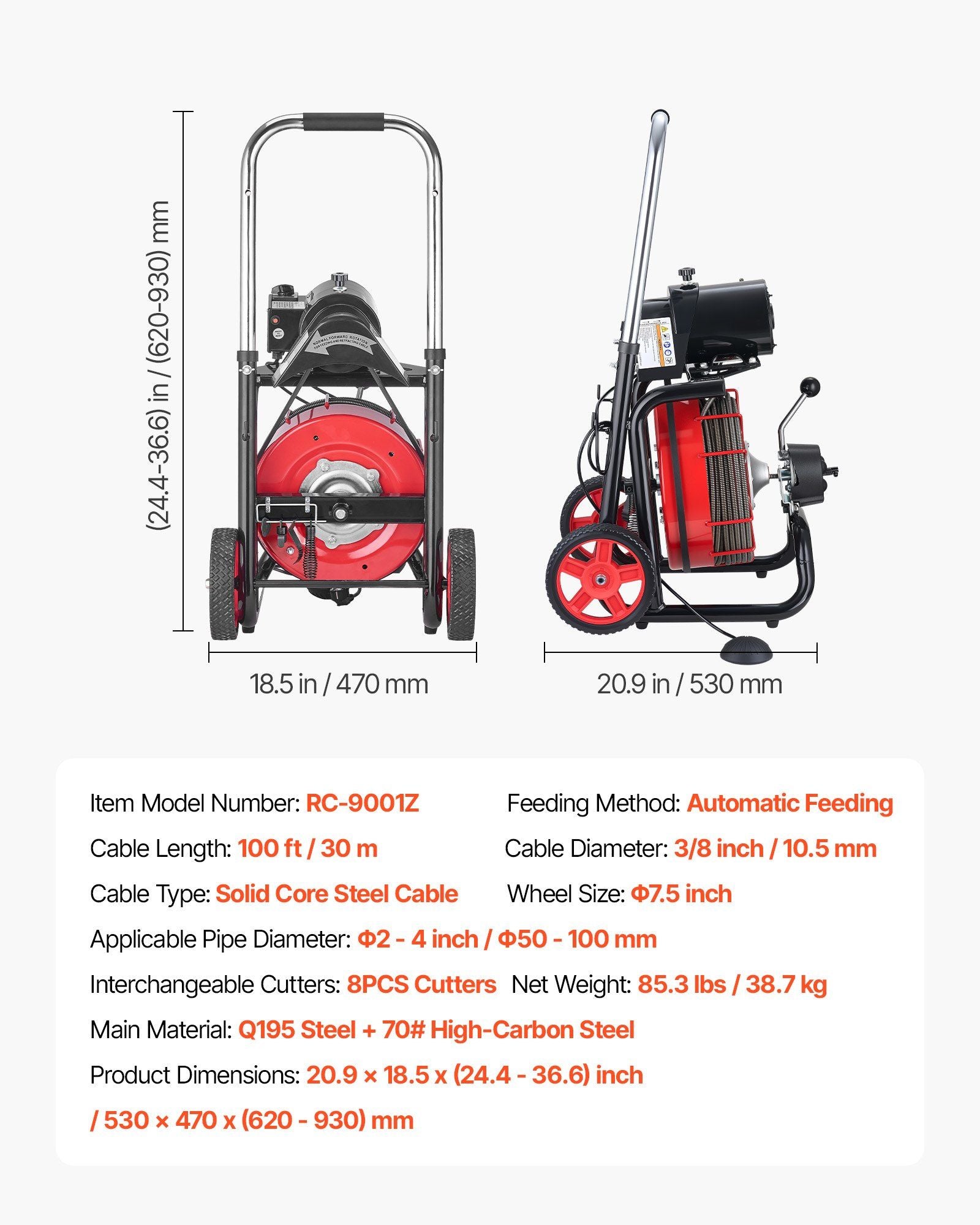 Drain Cleaner Machine 30m x 10.5mm, Auto Feed Sewer Snake Auger on Wheels - with 8 Cutters & Air-Activated Foot Switch for 50mm to 100mm Pipes