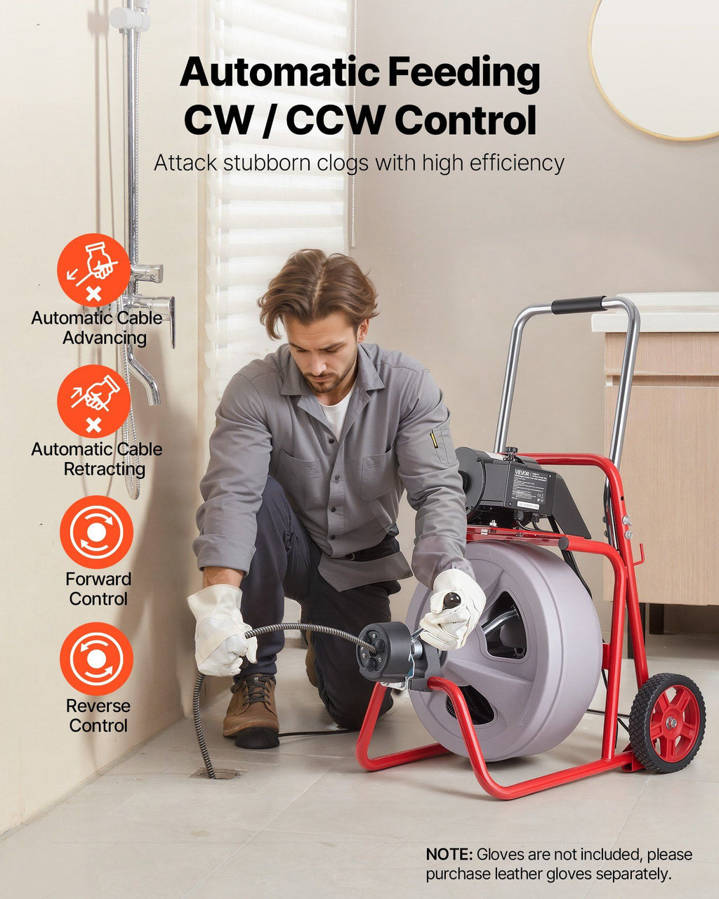 Drain Cleaner Machine 22m x 13mm, Auto Feed Sewer Snake Drain Auger on Wheels, Portable Drain Cleaning Machine with 8 Cutters & Air-Activated Foot Switch for 50mm to 150mm Pipes