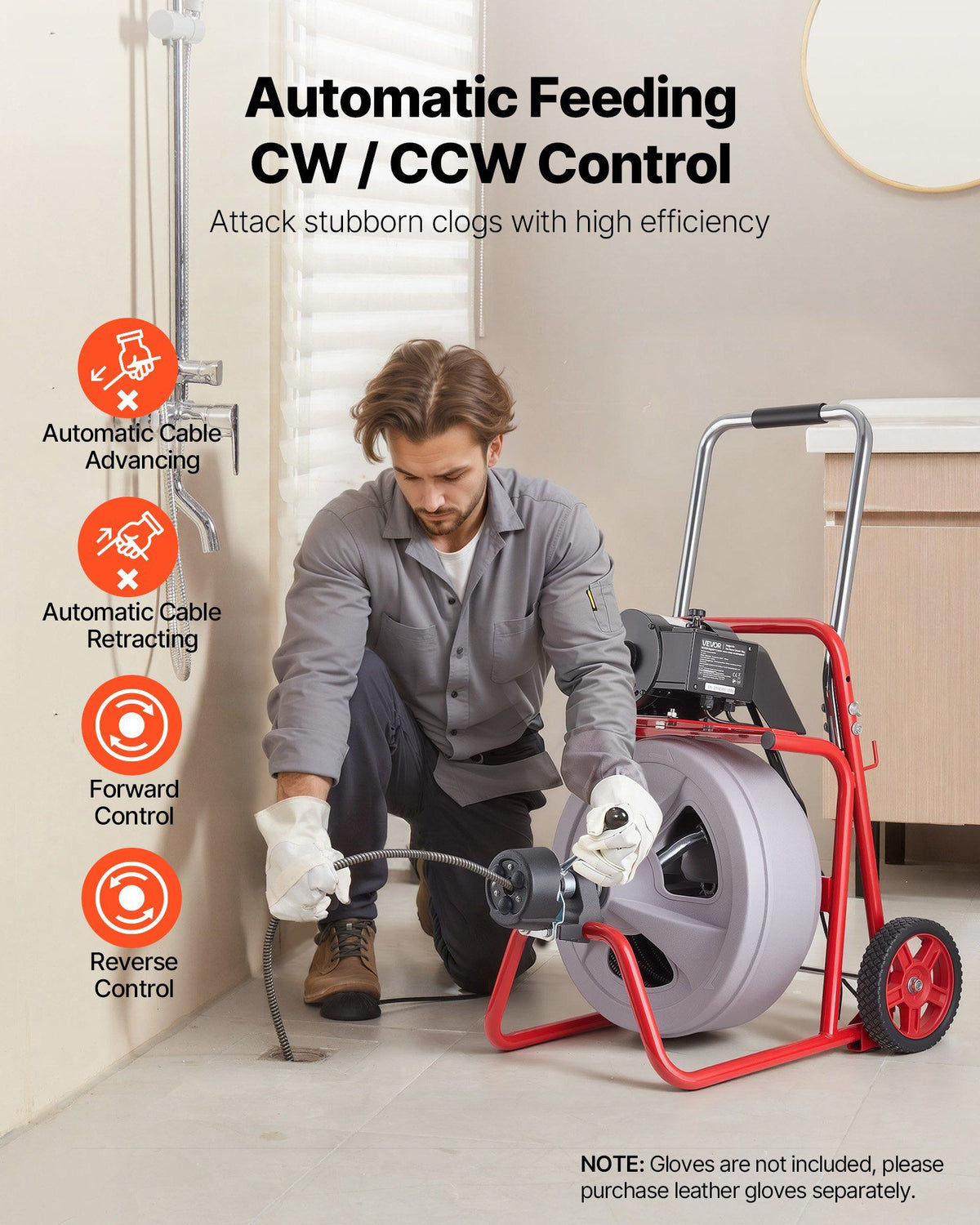 Drain Cleaner Machine 22m x 13mm, Auto Feed Sewer Snake Drain Auger on Wheels, Portable Drain Cleaning Machine with 8 Cutters & Air-Activated Foot Switch for 50mm to 150mm Pipes