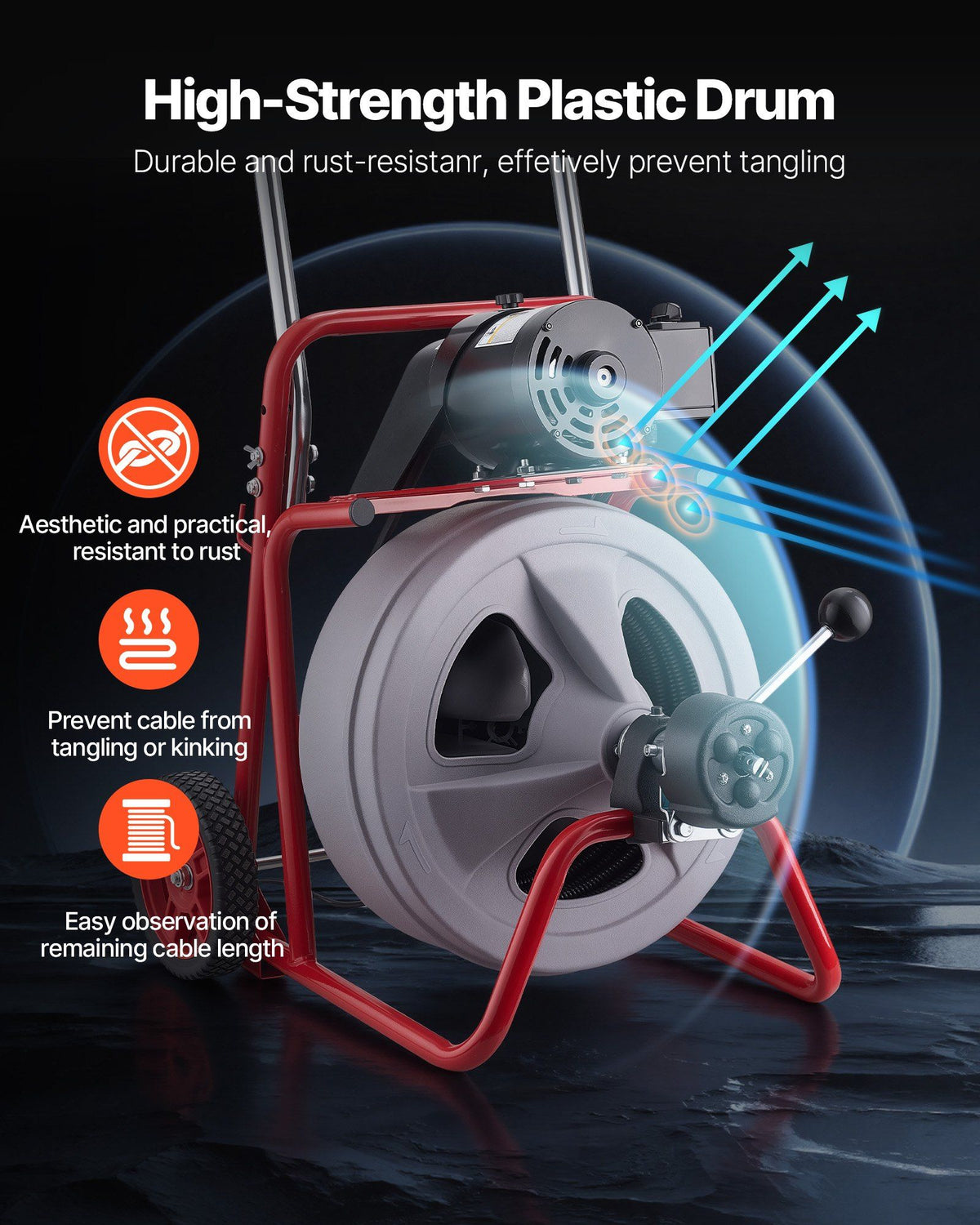 Drain Cleaner Machine 22m x 13mm, Auto Feed Sewer Snake Drain Auger on Wheels, Portable Drain Cleaning Machine with 8 Cutters & Air-Activated Foot Switch for 50mm to 150mm Pipes