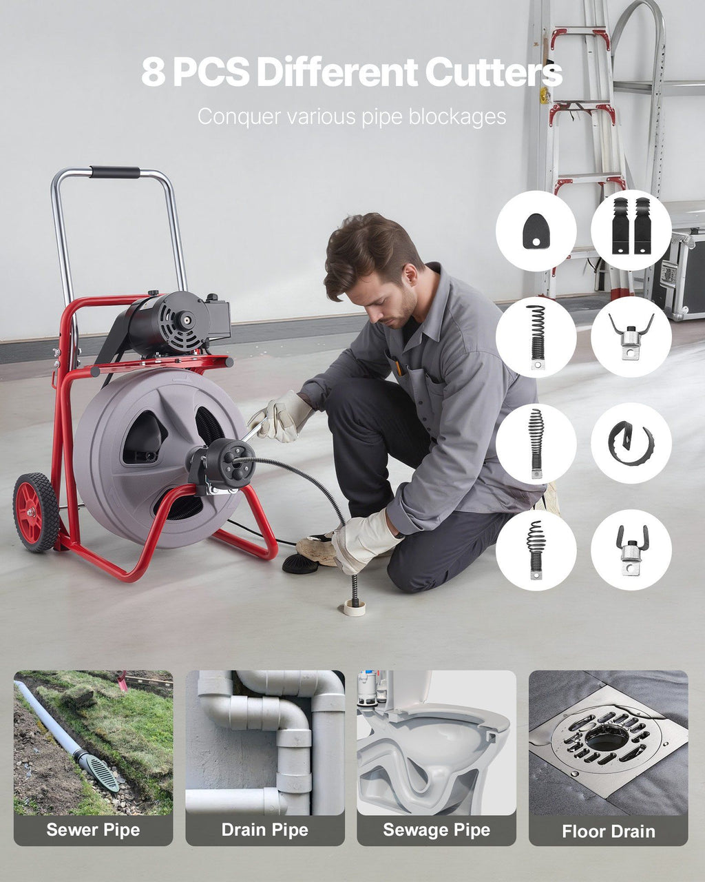 Drain Cleaner Machine 22m x 13mm, Auto Feed Sewer Snake Drain Auger on Wheels, Portable Drain Cleaning Machine with 8 Cutters & Air-Activated Foot Switch for 50mm to 150mm Pipes