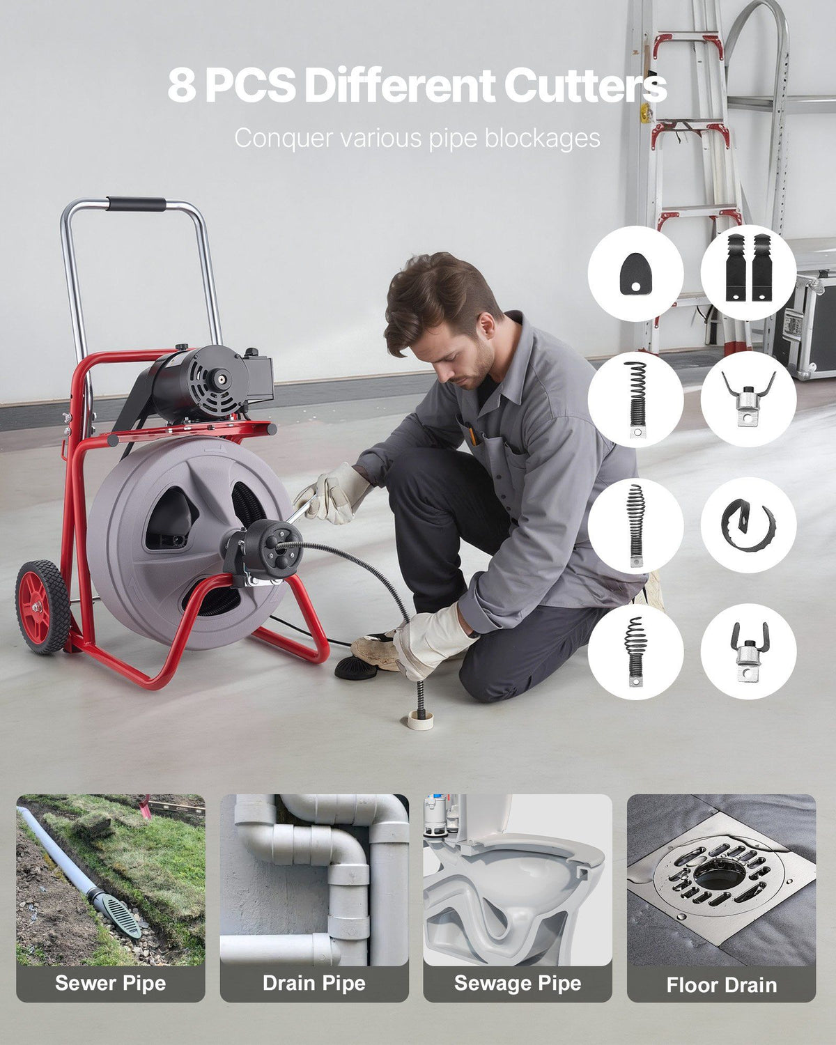 Drain Cleaner Machine 22m x 13mm, Auto Feed Sewer Snake Drain Auger on Wheels, Portable Drain Cleaning Machine with 8 Cutters & Air-Activated Foot Switch for 50mm to 150mm Pipes