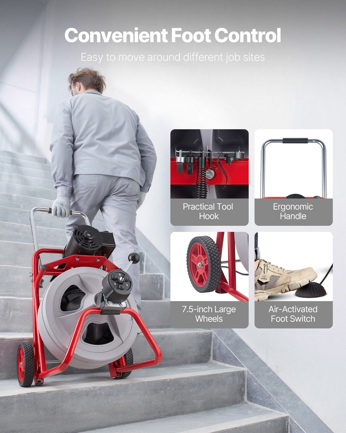 Drain Cleaner Machine 22m x 13mm, Auto Feed Sewer Snake Drain Auger on Wheels, Portable Drain Cleaning Machine with 8 Cutters & Air-Activated Foot Switch for 50mm to 150mm Pipes