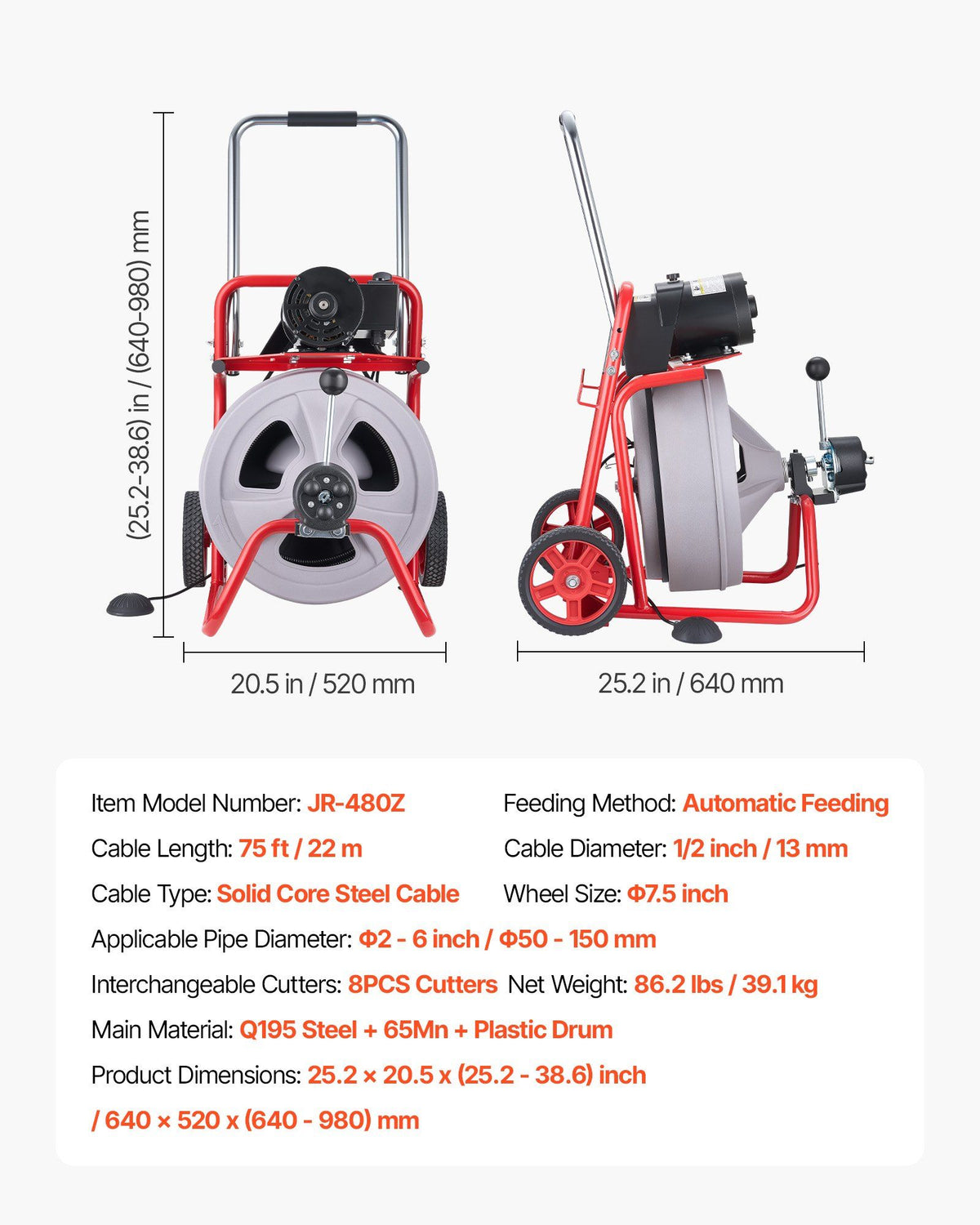 Drain Cleaner Machine 22m x 13mm, Auto Feed Sewer Snake Drain Auger on Wheels, Portable Drain Cleaning Machine with 8 Cutters & Air-Activated Foot Switch for 50mm to 150mm Pipes
