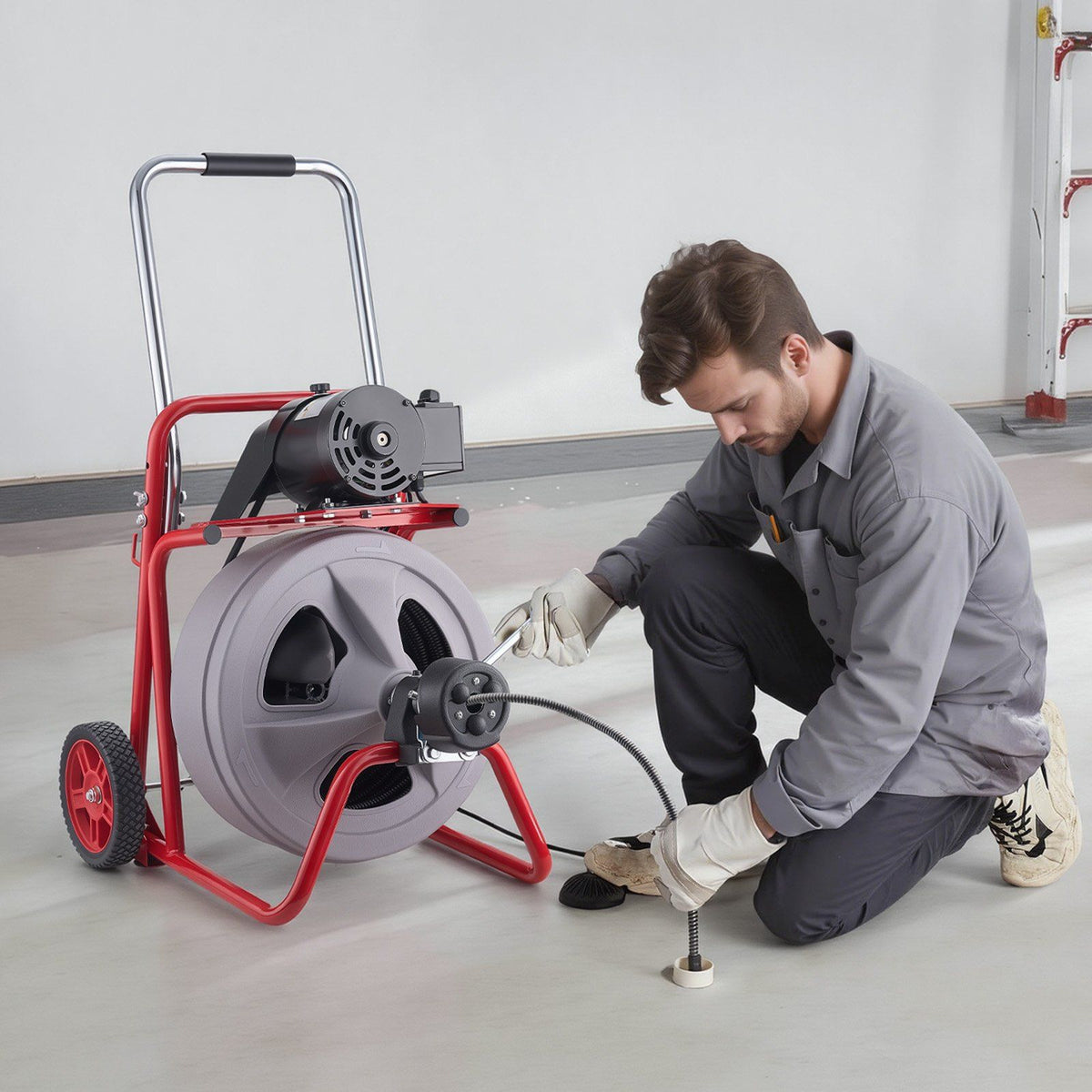 Drain Cleaner Machine 22m x 13mm, Auto Feed Sewer Snake Drain Auger on Wheels, Portable Drain Cleaning Machine with 8 Cutters & Air-Activated Foot Switch for 50mm to 150mm Pipes
