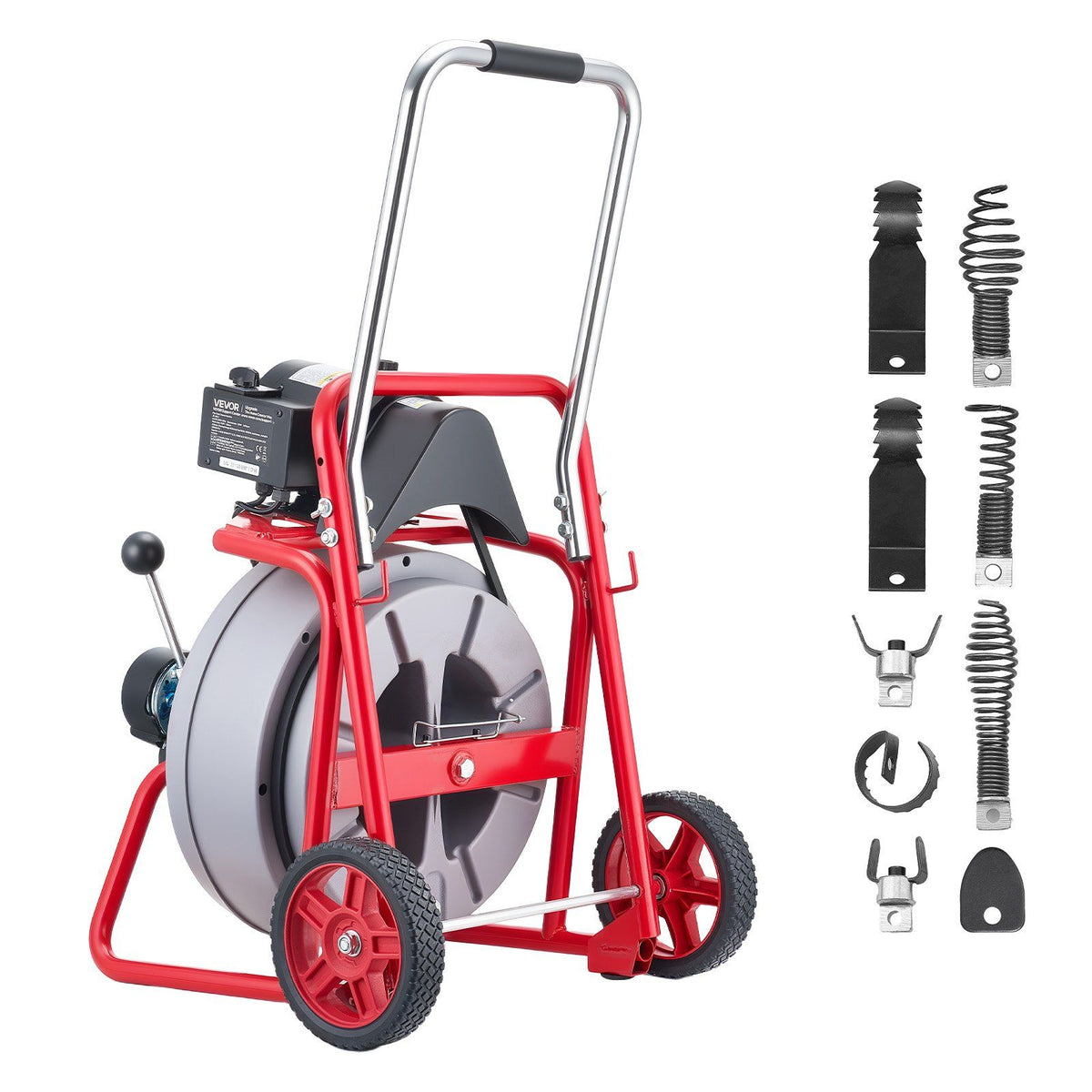 Drain Cleaner Machine 22m x 13mm, Auto Feed Sewer Snake Drain Auger on Wheels, Portable Drain Cleaning Machine with 8 Cutters & Air-Activated Foot Switch for 50mm to 150mm Pipes