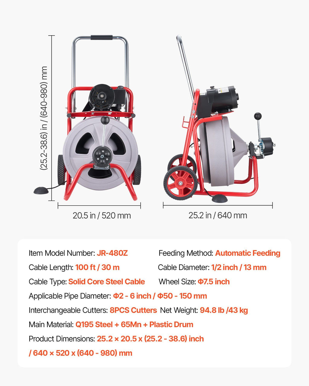 Drain Cleaner Machine 30m x 13mm, Auto Feed Sewer Snake Drain Auger on Wheels, Portable Drain Cleaning Machine with 8 Cutters & Air-Activated Foot Switch for 50mm to 150mm Pipes