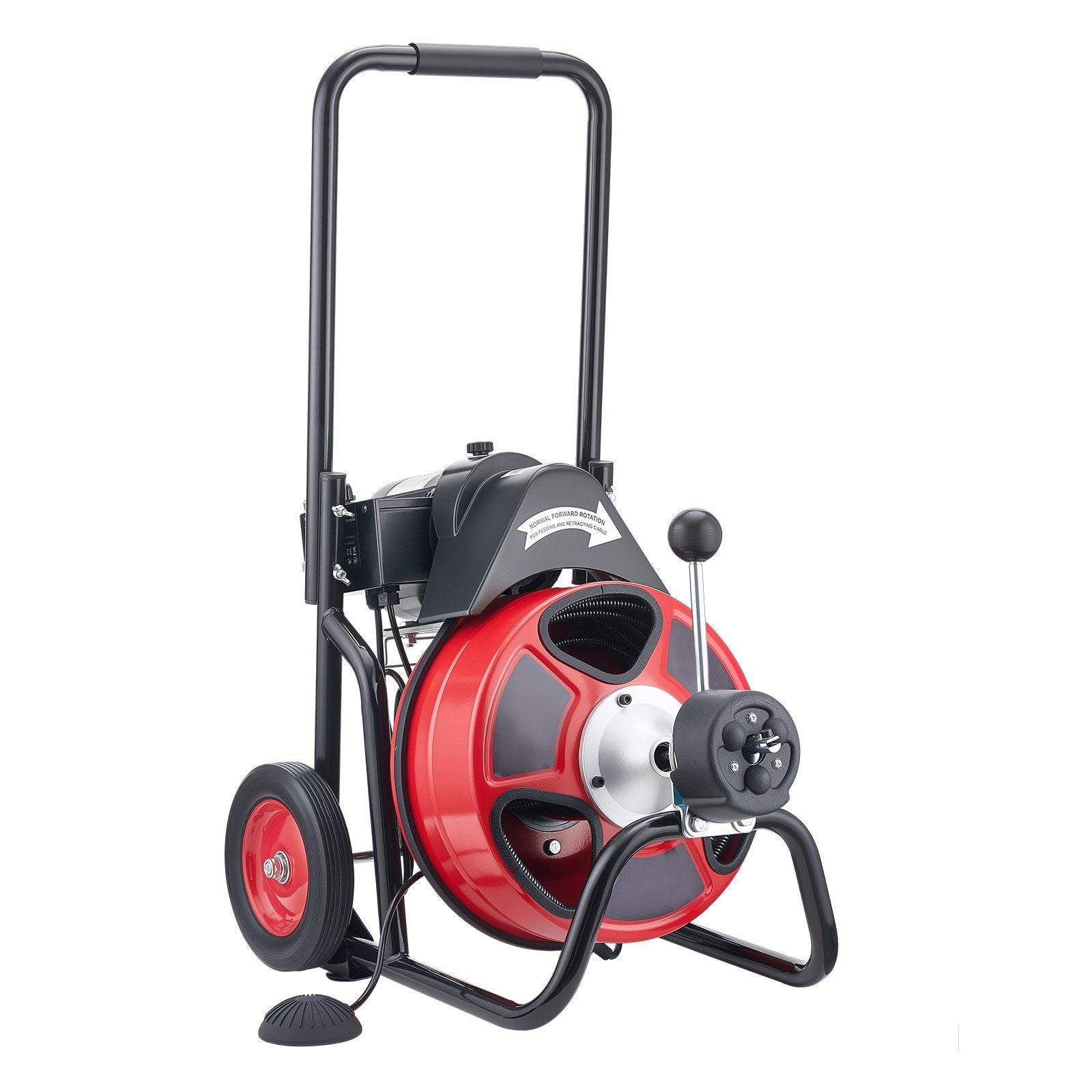 Drain Cleaner Machine 22m x 13mm, Auto Feed Sewer Snake Auger on Wheels, Portable Drain Cleaning Machine with 4 Cutters & Air-activated Foot Switch for 50mm to 150mm Pipes