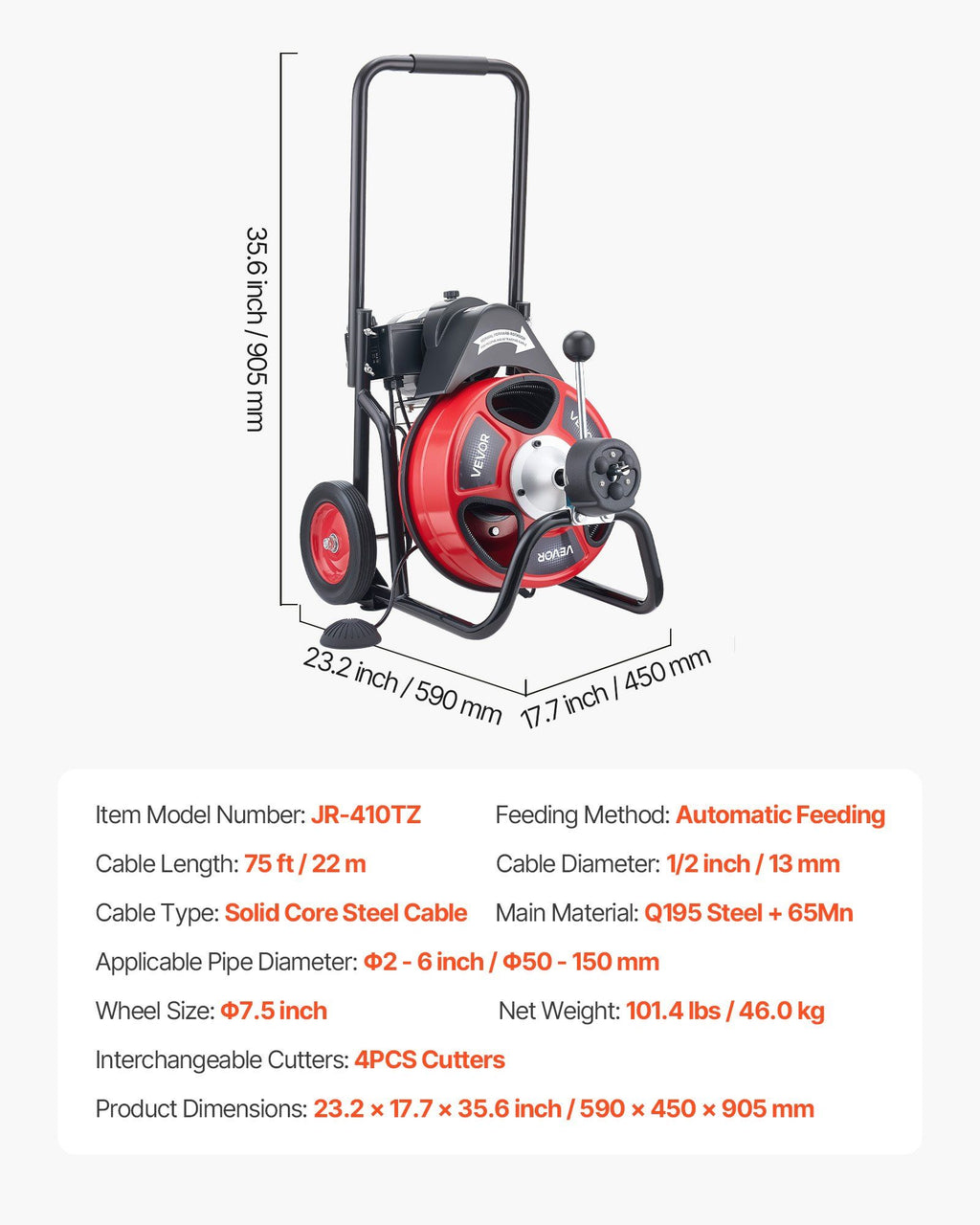 Drain Cleaner Machine 22m x 13mm, Auto Feed Sewer Snake Auger on Wheels, Portable Drain Cleaning Machine with 4 Cutters & Air-activated Foot Switch for 50mm to 150mm Pipes