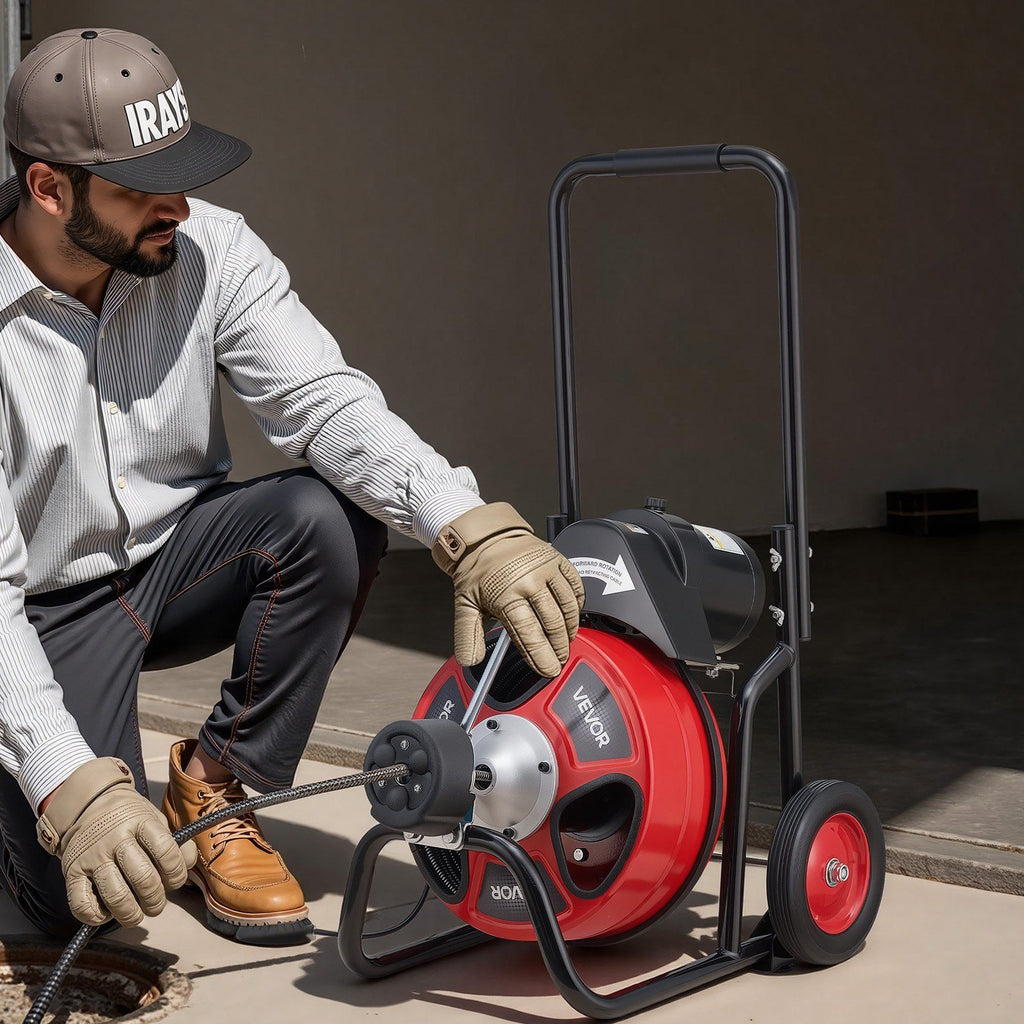 Drain Cleaner Machine 22m x 13mm, Auto Feed Sewer Snake Auger on Wheels, Portable Drain Cleaning Machine with 4 Cutters & Air-activated Foot Switch for 50mm to 150mm Pipes