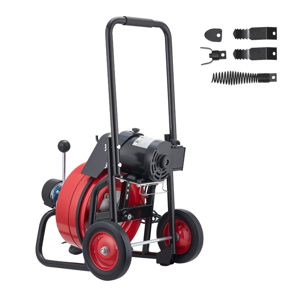 Drain Cleaner Machine 22m x 13mm, Auto Feed Sewer Snake Auger on Wheels, Portable Drain Cleaning Machine with 4 Cutters & Air-activated Foot Switch for 50mm to 150mm Pipes