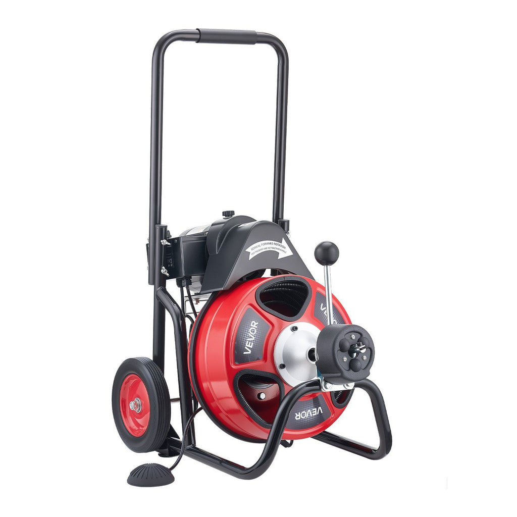 Drain Cleaner Machine 22m x 13mm, Auto Feed Sewer Snake Auger on Wheels, Portable Drain Cleaning Machine with 4 Cutters & Air-activated Foot Switch for 50mm to 150mm Pipes