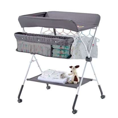 VEVOR Baby Changing Table, Foldable Diaper Change Station with Side Basket, Adjustable Height Portable Changing Table with Lockable Wheels, Multi-Functional Storage Organizer Nursery, Dark Gray